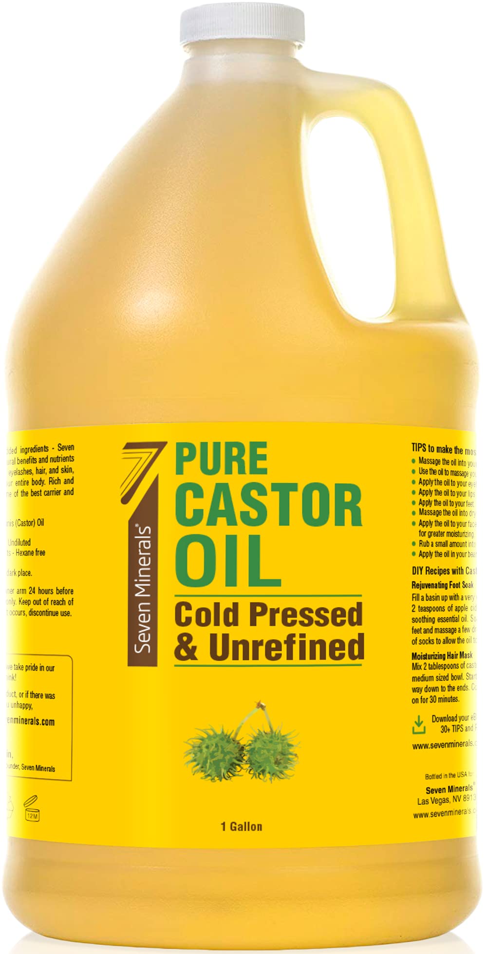 Pure Cold Pressed Castor Oil - 1 Gallon - Unrefined & Hexane Free - 100% Pure Castor Oil for Hair Growth, Thicker Eyelashes & Eyebrows, Dry Skin, Healing, Hair Care, Joint and Muscle Pain