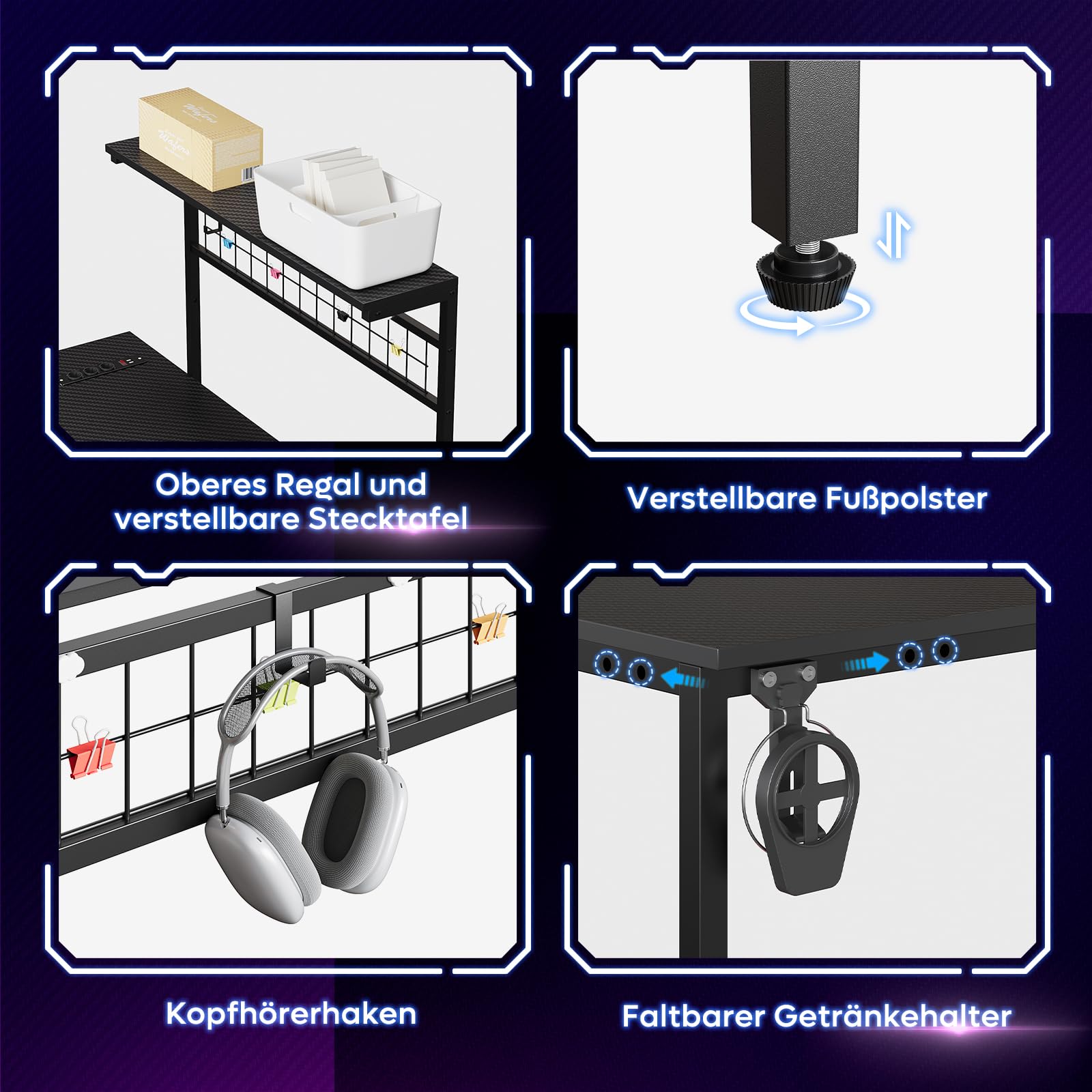 Bestier Gaming Desk 130 cm L förmig Reversibler Eckschreibtisch mit Steckdosen LED-Lichtern 4 Regalböden Haken & Becherhalter Ideal für Home Office und Gaming