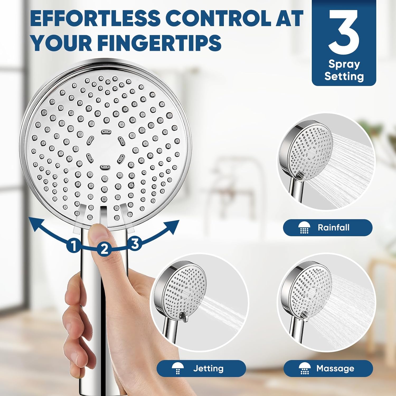 Cobbe® All Metal 3-Spray Shower Head with Handheld - Solid Stainless Steel Showerhead, High Pressure Detachable Shower Wand with Hose & Adjustable Bracket - WIDE, MASSAGE, and MIST (Mirror Polished)