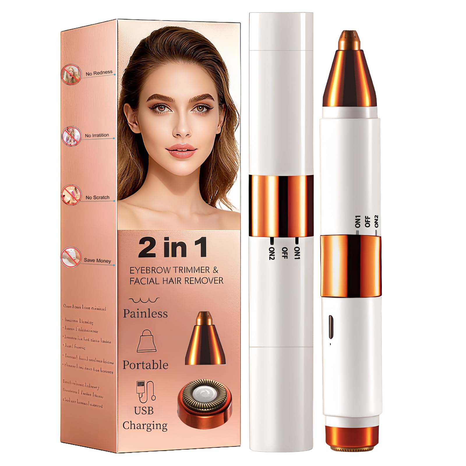2-in-1 Painless Eyebrow Trimmer &amp; Flawless Facial Hair Remover for Women - Gentle Dual Head Design for Brows, Lip, Chin, Cheeks - Rechargeable Type-C(WT)