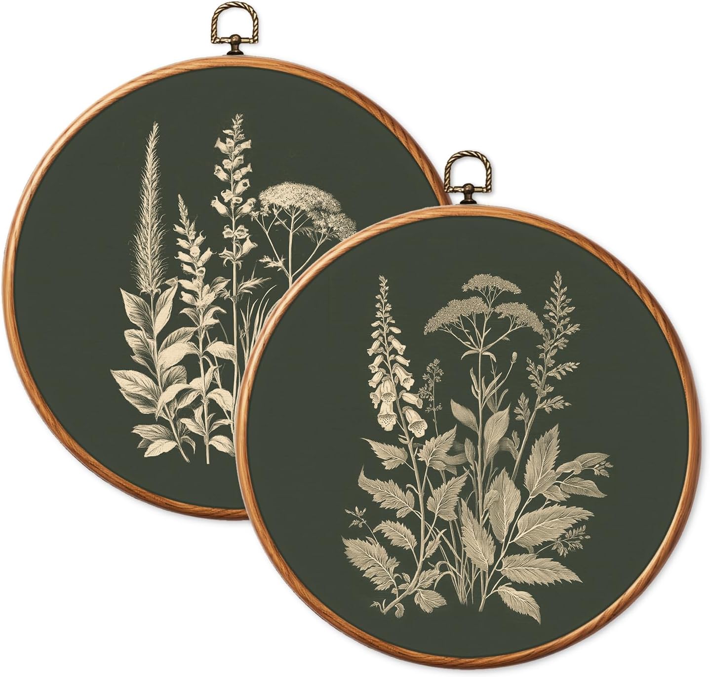 Chicimln Dark Green Botanical Round Wall Art, Vintage Moody Floral Framed Canvas Prints, Dark Academia Cottagecore Wildflower Circle Wall Hanging Decor for Home Bedroom Living Room 10x10 Inch,set of 2