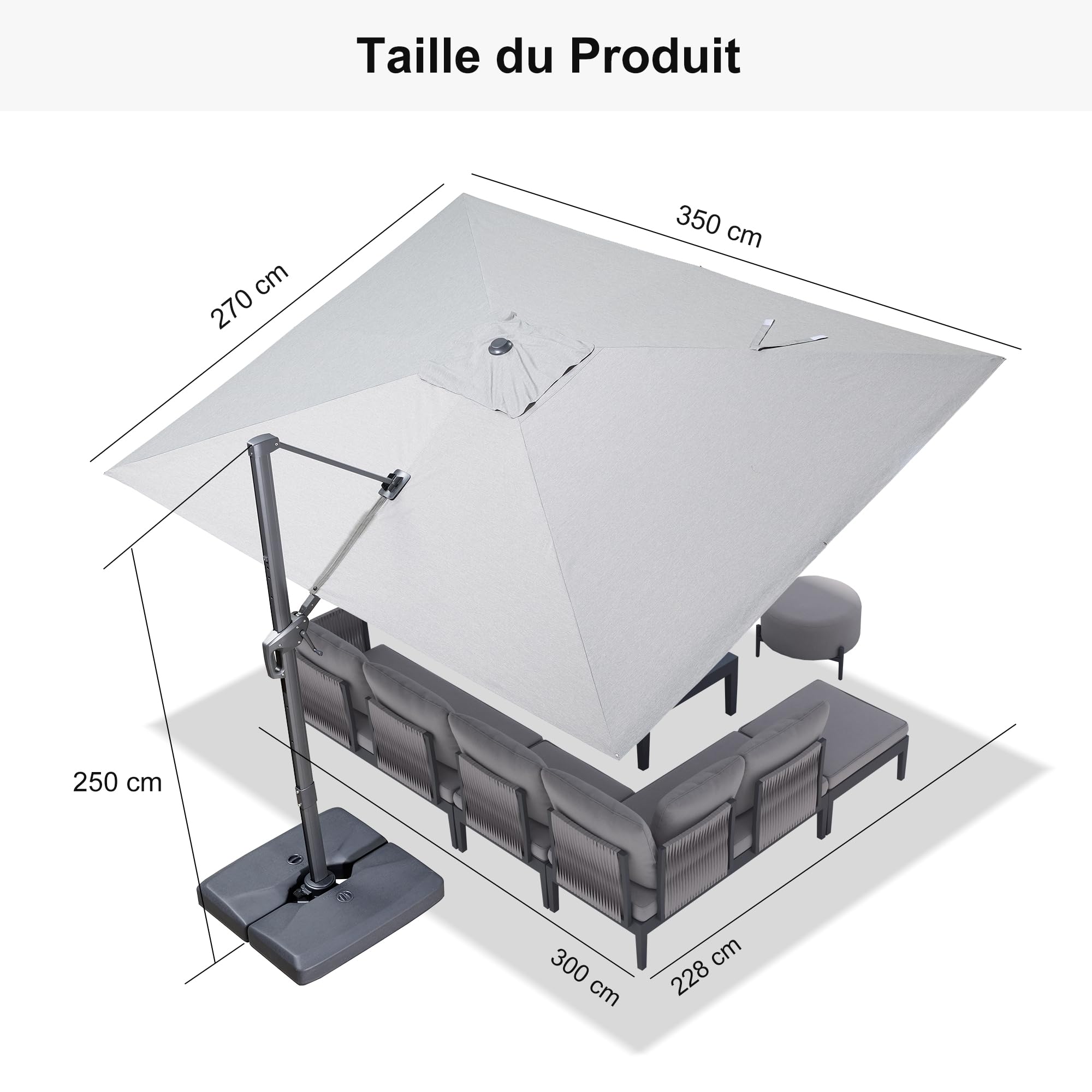 PURPLE LEAF Parasol Déporté 2,7 x 3,5 m Toile Simili-Acrylique Gris clair | Toile 240 g/m² UPF 50+, 2x plus résistant, Amovible et lavable, Inclinaison 6 positions, Rotation à 360°, Parasol de jardin
