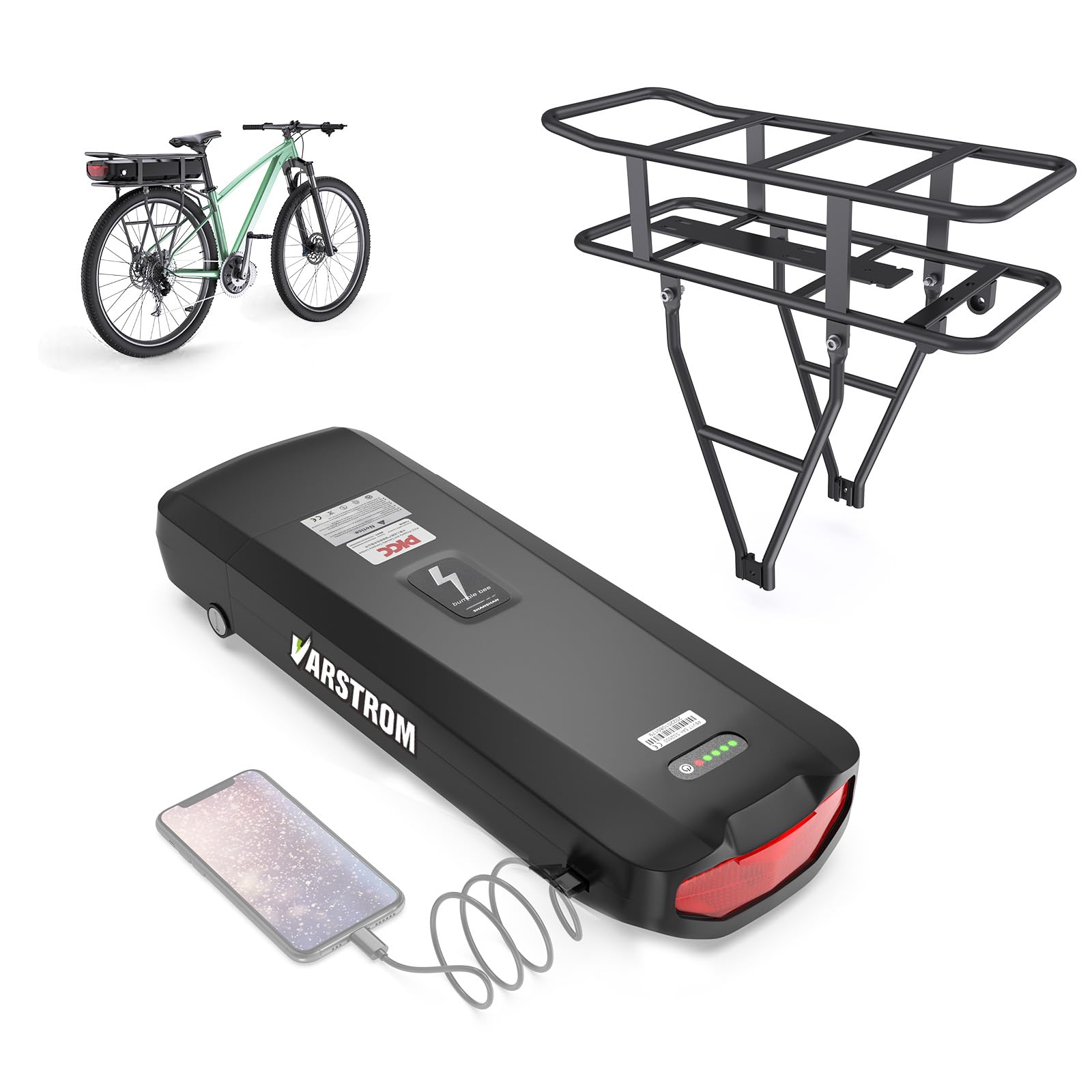 Varstrom 48V18.2Ah Rear Rack Ebike Battery 874Wh Lithium Battery with USB Port for 0-1200W Ebike Conversion Kit,Compatible with Bafang Mid Drive Kit and Other Hub Motor : Sports & Outdoors