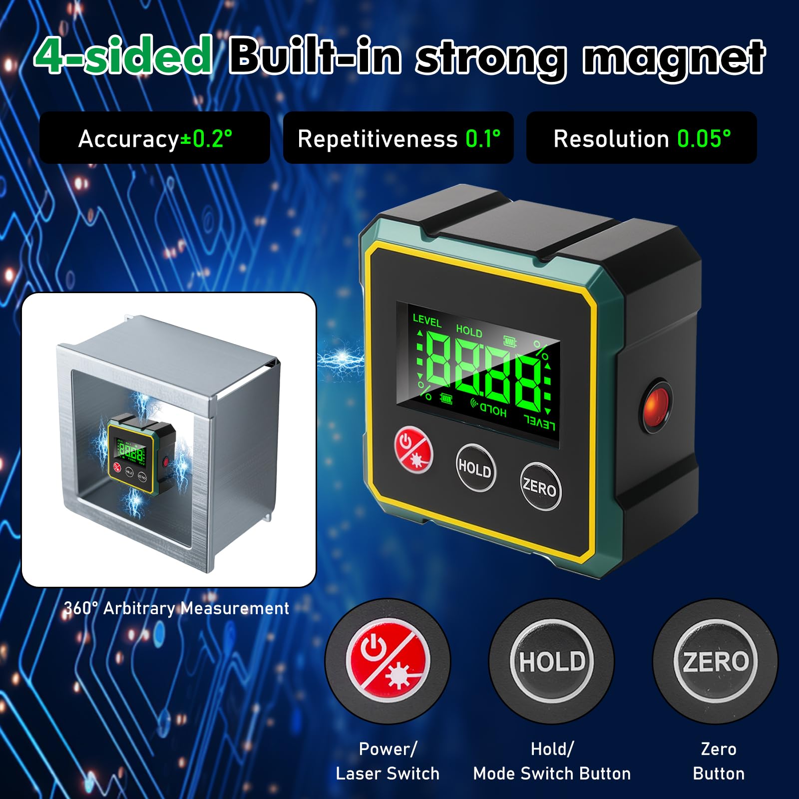 Rapporteur d'angle numérique, double niveau à bulle, avec écran LCD, boîtier de niveau double axe avec interface de type C, rapporteur d'angle numérique pour le travail du bois, la construction, la
