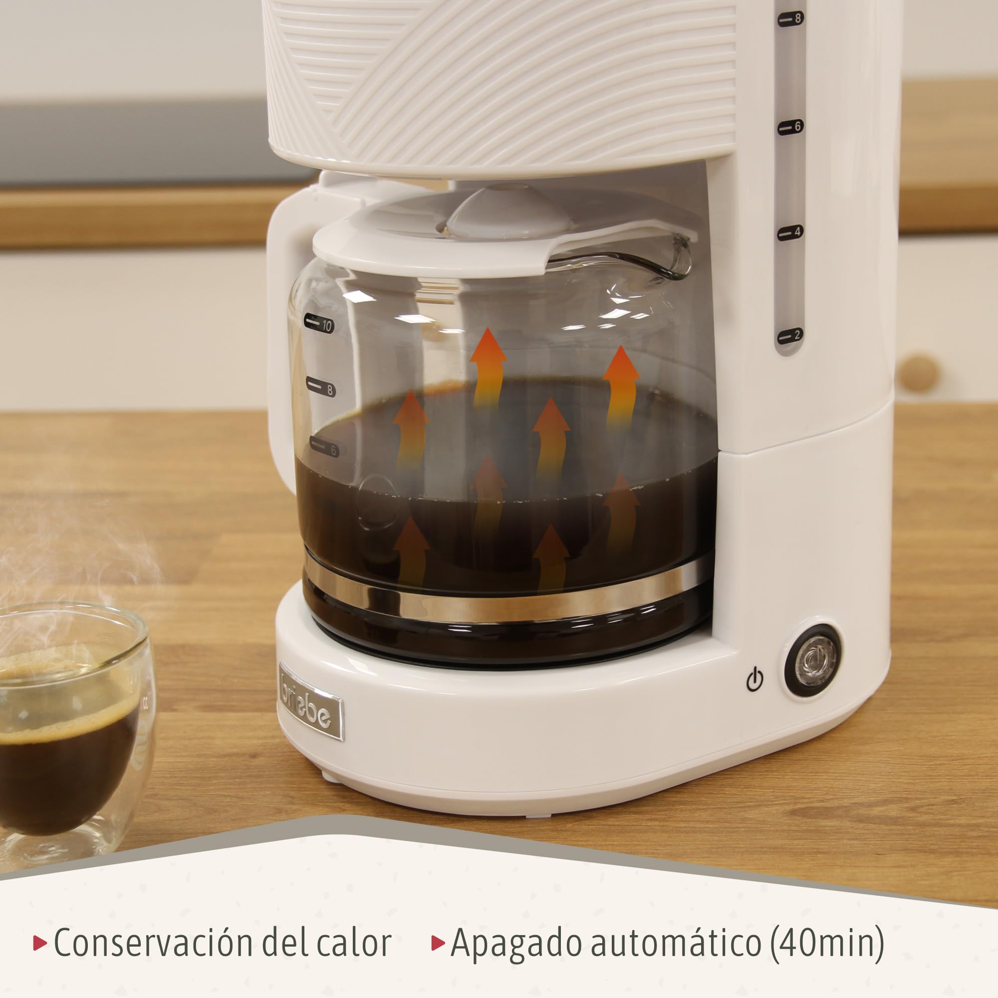 briebe Elegance Cafetera Goteo 10 Tazas Máquina de Café Filtro Permanente Reutilizable, Función Mantener Caliente, Sistema Antigoteo 1,25L, Blanco