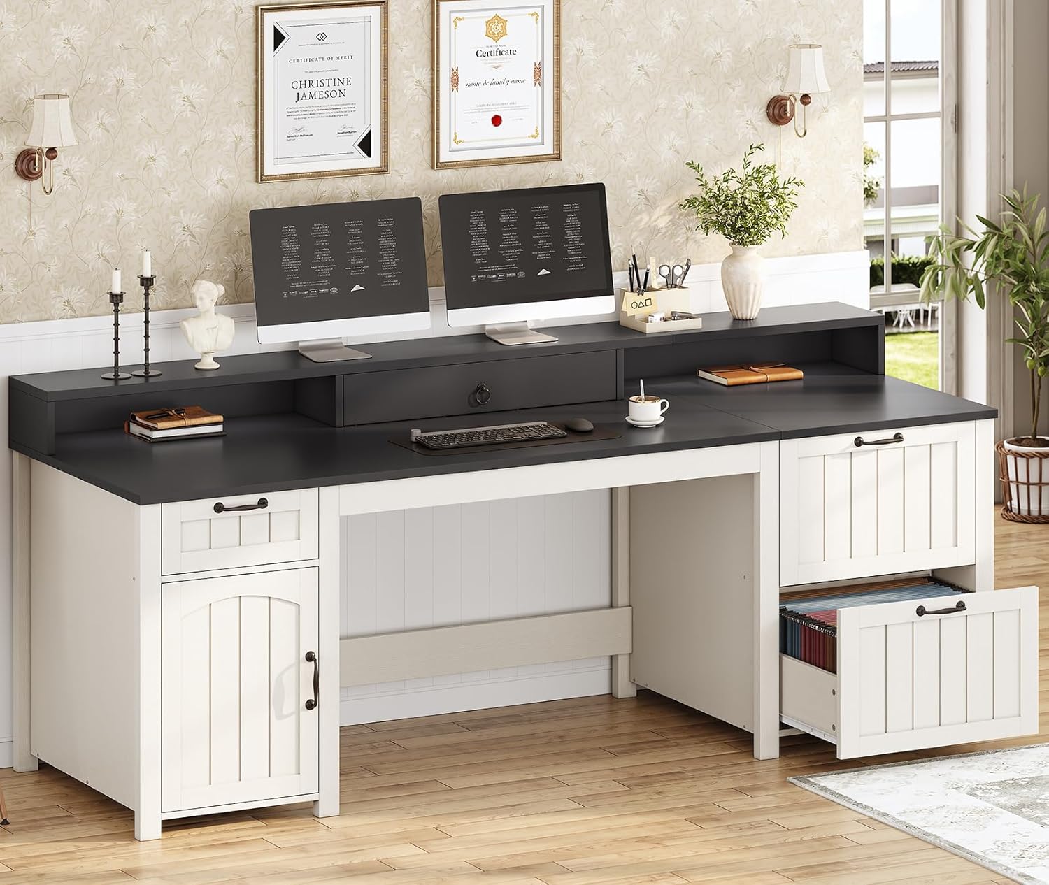 SEDETA 63" Farmhouse Executive Desk with File Drawers, Monitor Stand & Storage Cabinet - White Wood Home Office Desk