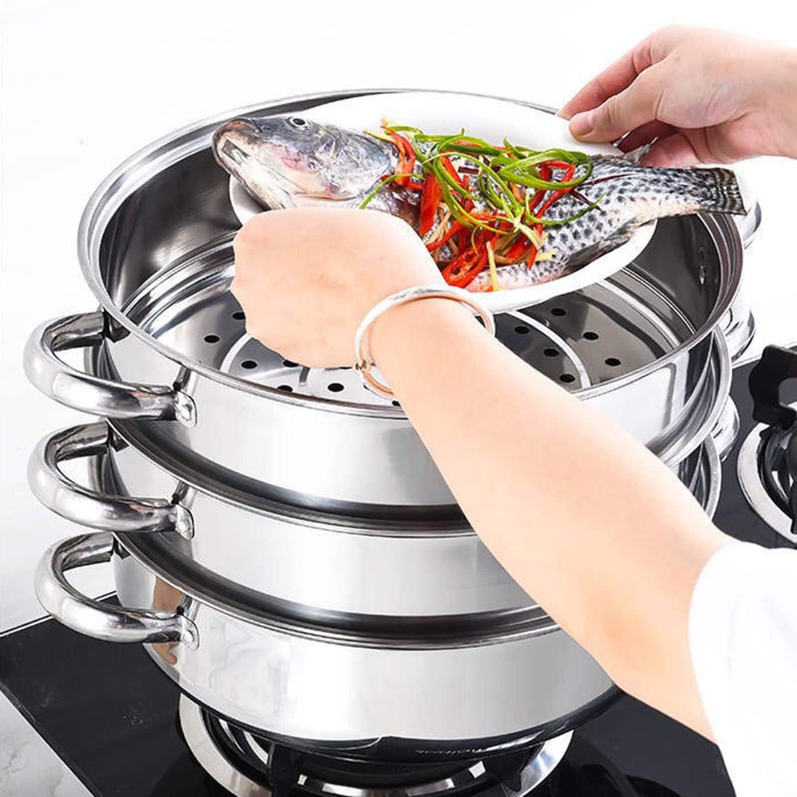 Chynalys 1 Set 3-Tier Stainless Steel Steamer Multi-Cooker Food