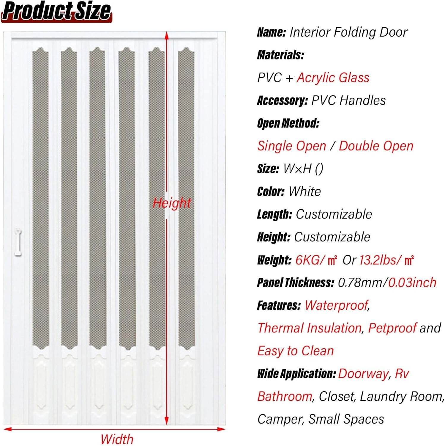 White Accordion Door - PVC Retractable Closet & Barn Door, Soundproof Insulated Panels for Patio, Kitchen & Bedroom - Custom Size 34x80in, Perfect for Modern Interiors.
