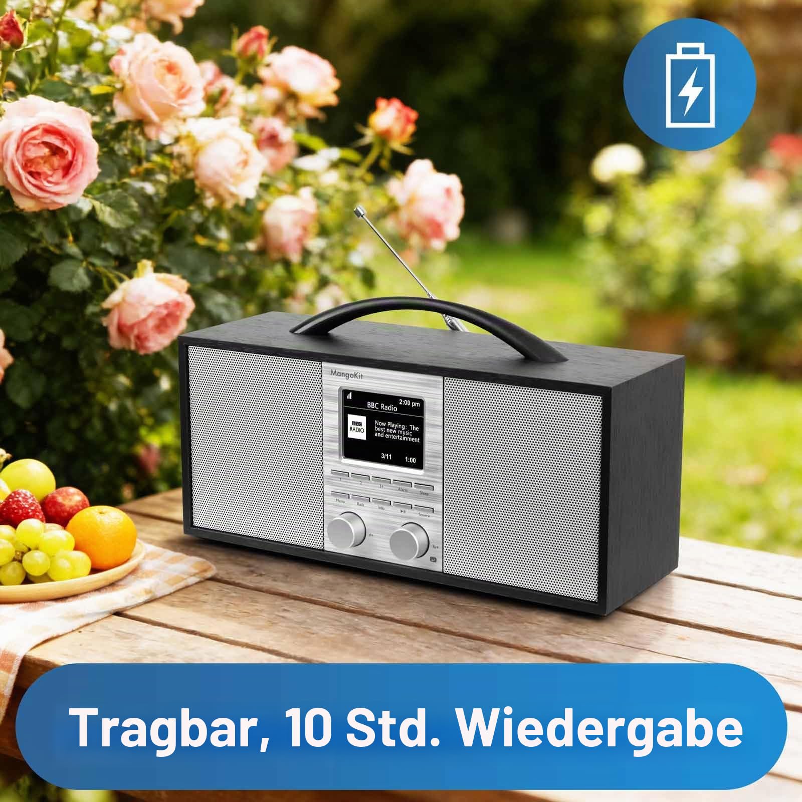 SR40 Internetradio mit Bluetooth, Podcast Player-DAB/DAB+,UKW Stereo Digitalradio, Akku 10+Stunden, 2.0 Lautsprecher,150 Senderspeicher, Radiowecker,Holzgehäuse & Aluminiumgriff-Schwarz