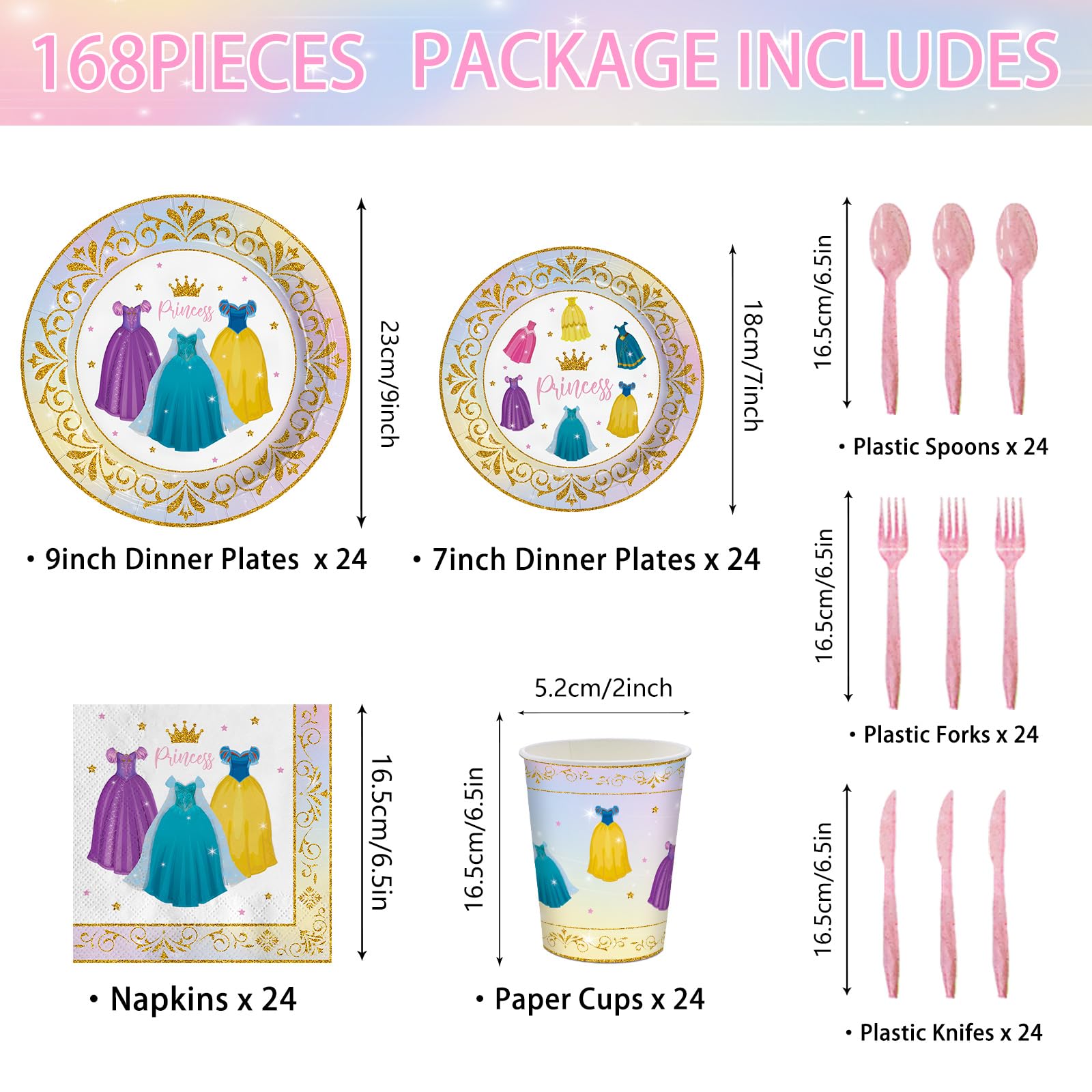168pcs Princess Birthday Party Decorations Princess Plates Napkins Girls Paper Cups Princess Party Supplies Disposable Tableware Set 24 Guests