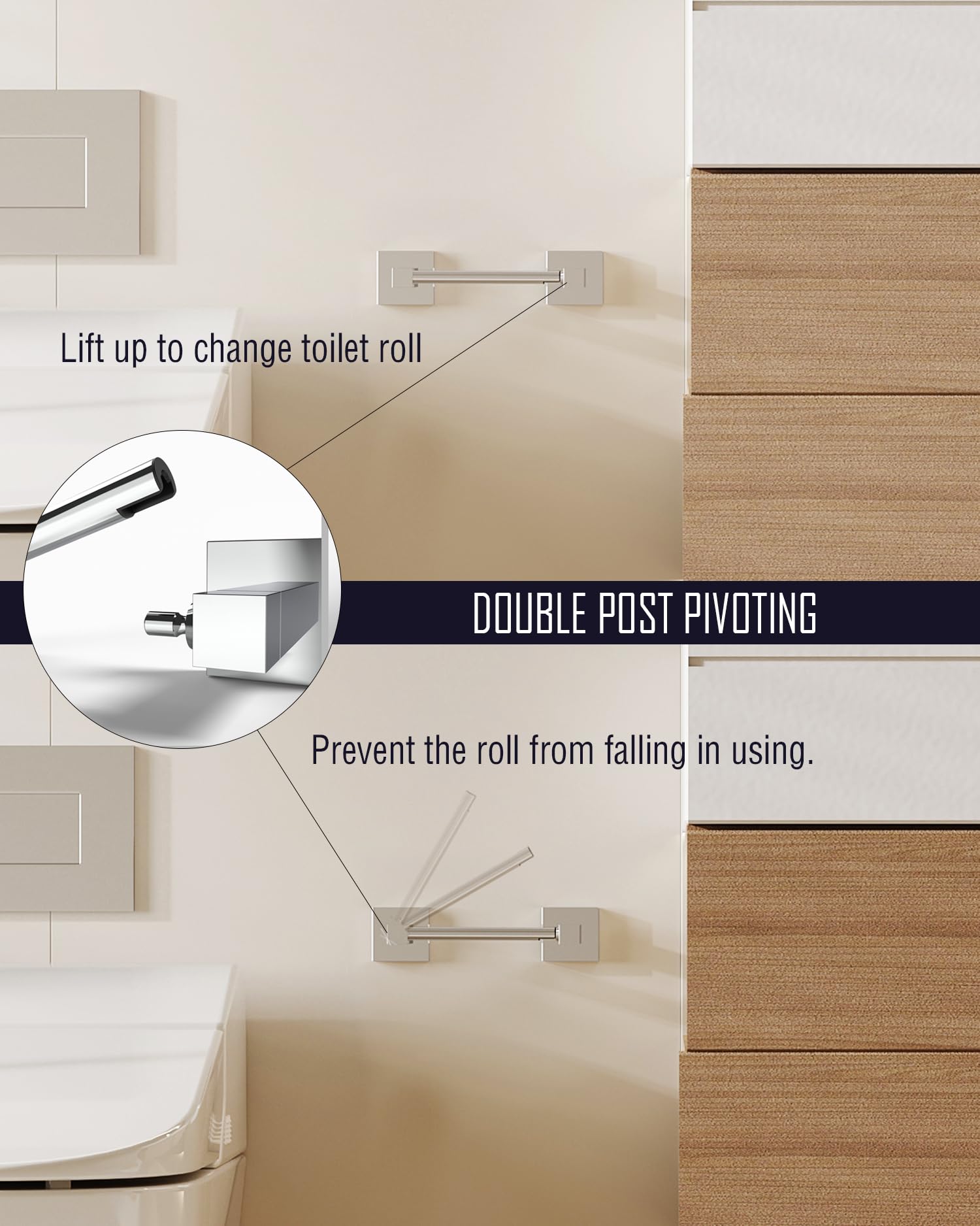 WZRUA Toilet Roll Holder Wall Mounted, Drilling Double Post Pivoting Roll Holder - Image 2
