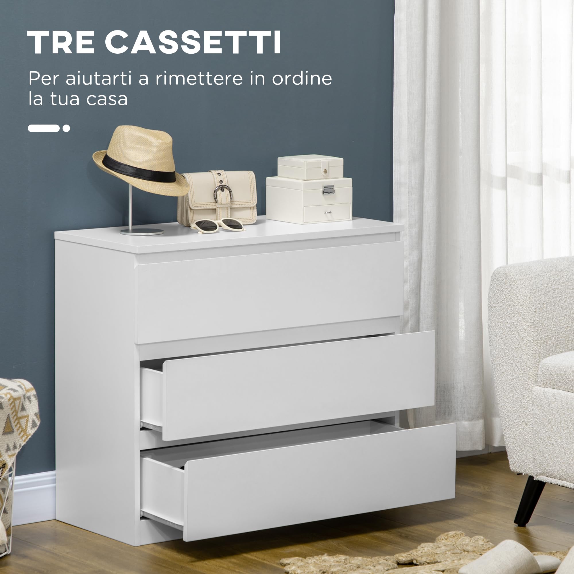 HOMCOM Cassettiera Camera da Letto 3 Cassetti, Como Camera da Letto in Legno Senza Maniglie, Cassettiera Salvaspazio per Ingresso, Soggiorno, Sala da Pranzo e Corridoio, 80x39x73 cm, Bianco