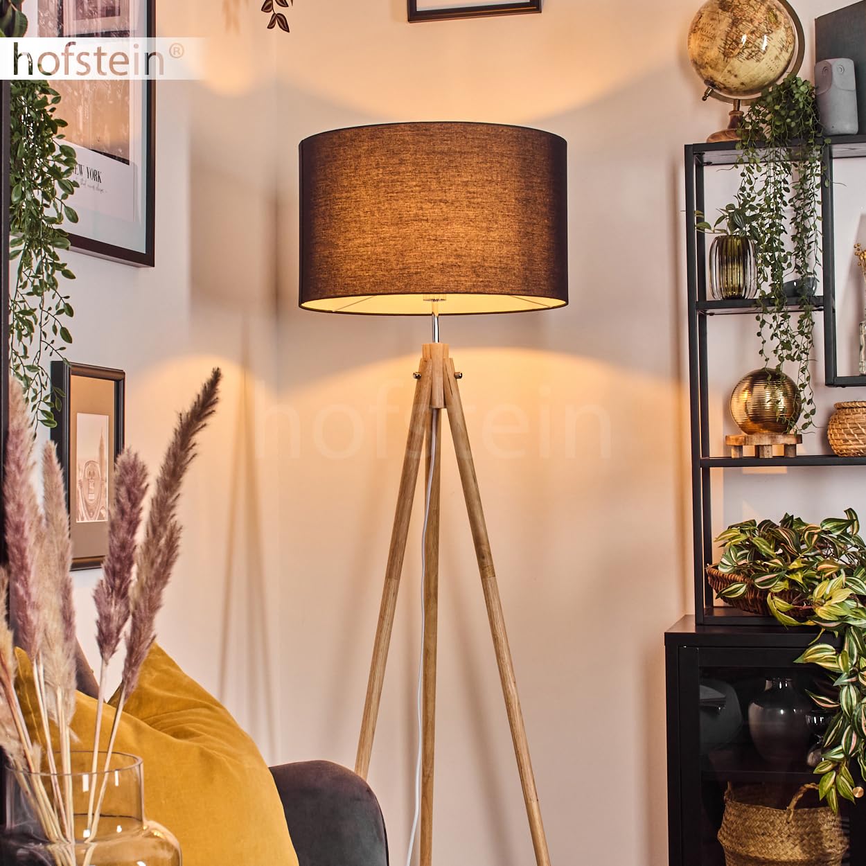 Stehleuchte Flemming, Stehlampe aus Holz/Stoff in Naturfarben/Schwarz/Weiß, Leuchte im skandinavischen Design mit rundem Schirm (Ø 50 cm) u. Fußschalter, Höhe 162 cm, 1 x E27, ohne Leuchtmittel