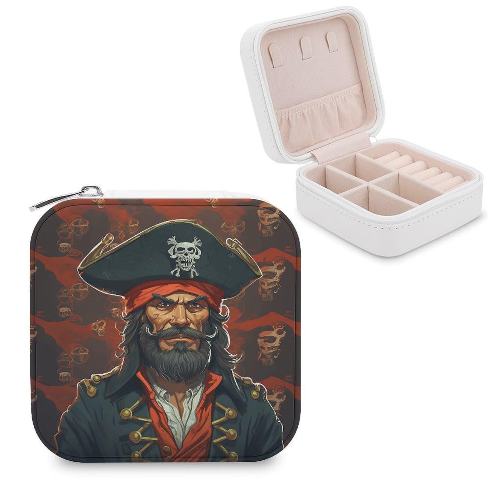 VstaDank Pirate Captain Travel Jewelry Case Zipper Portable Small Jewelry Box Custom Pu Leather Mini Traveling Jewelry Organizer for Rings Earrings Necklace Bracelet Girls Women