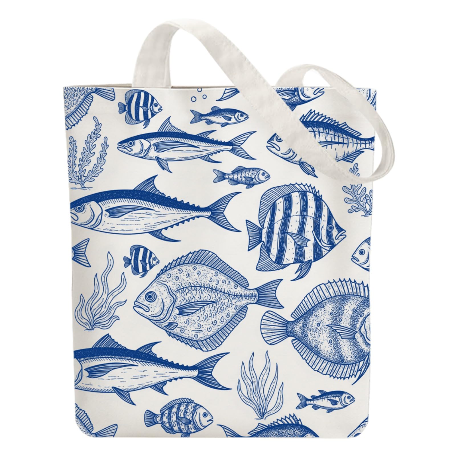ANATTASOUL Canvas Tote Bag Blue Fish Reusable Cotton Bag for Women, Durable Cloth Shoulder Bags with Zipper Pockets for Shopping, Vacation, Work, Gym
