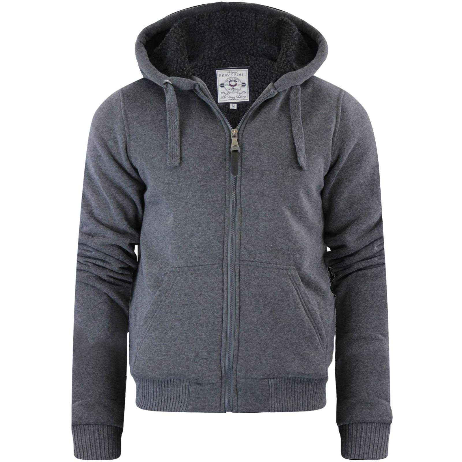 Brave Soul Men's Charcoal Hooded Sweatshirt Jumper 'Zone' Hoodie Sherpa Lined (Charcoal) L
