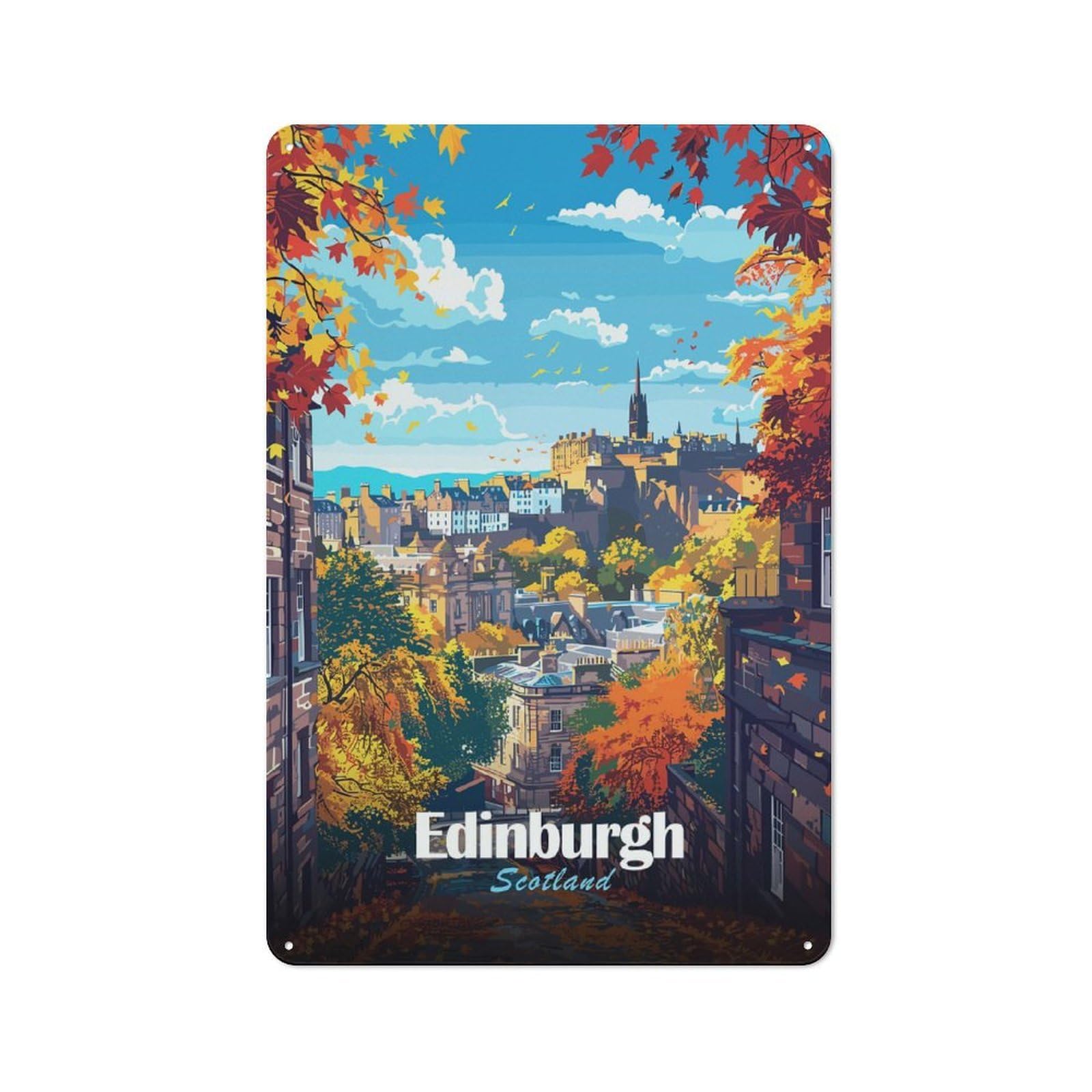 Loft Style Edinburgh Scotland Autumn Cityscape Illustration Decorative Metal Plaque 30x20cm, Studio Wall Art for Workspace, Cafe, Hallway Or Garage