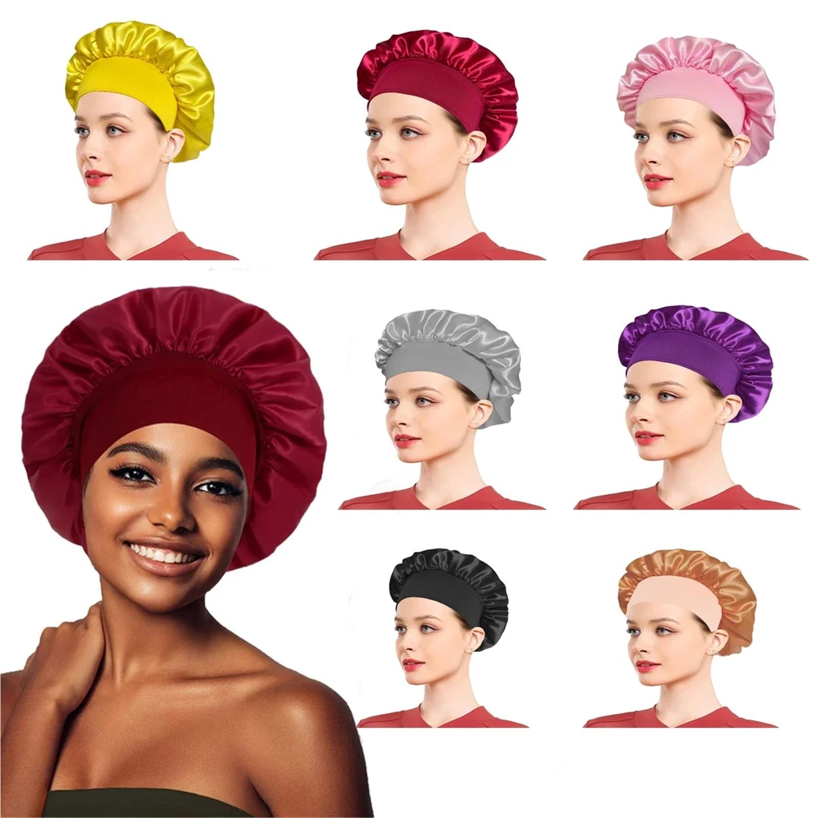 Cofano In Seta Cappello da notte in raso solido a tesa larga donna, avvolgente for la testa, con fascia elastica, for cura dei capelli, cappello(Dark coffee)