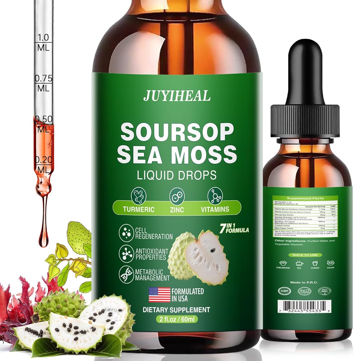 JUYIHEAL 7-in-1 Soursop Graviola with Sea Moss Liquid Drops, Soursop Bitters Liquid Rich in Multivitamin for Digestive Antioxidant, Immune Boost, Cell Support & Regeneration, 2 Fl Oz