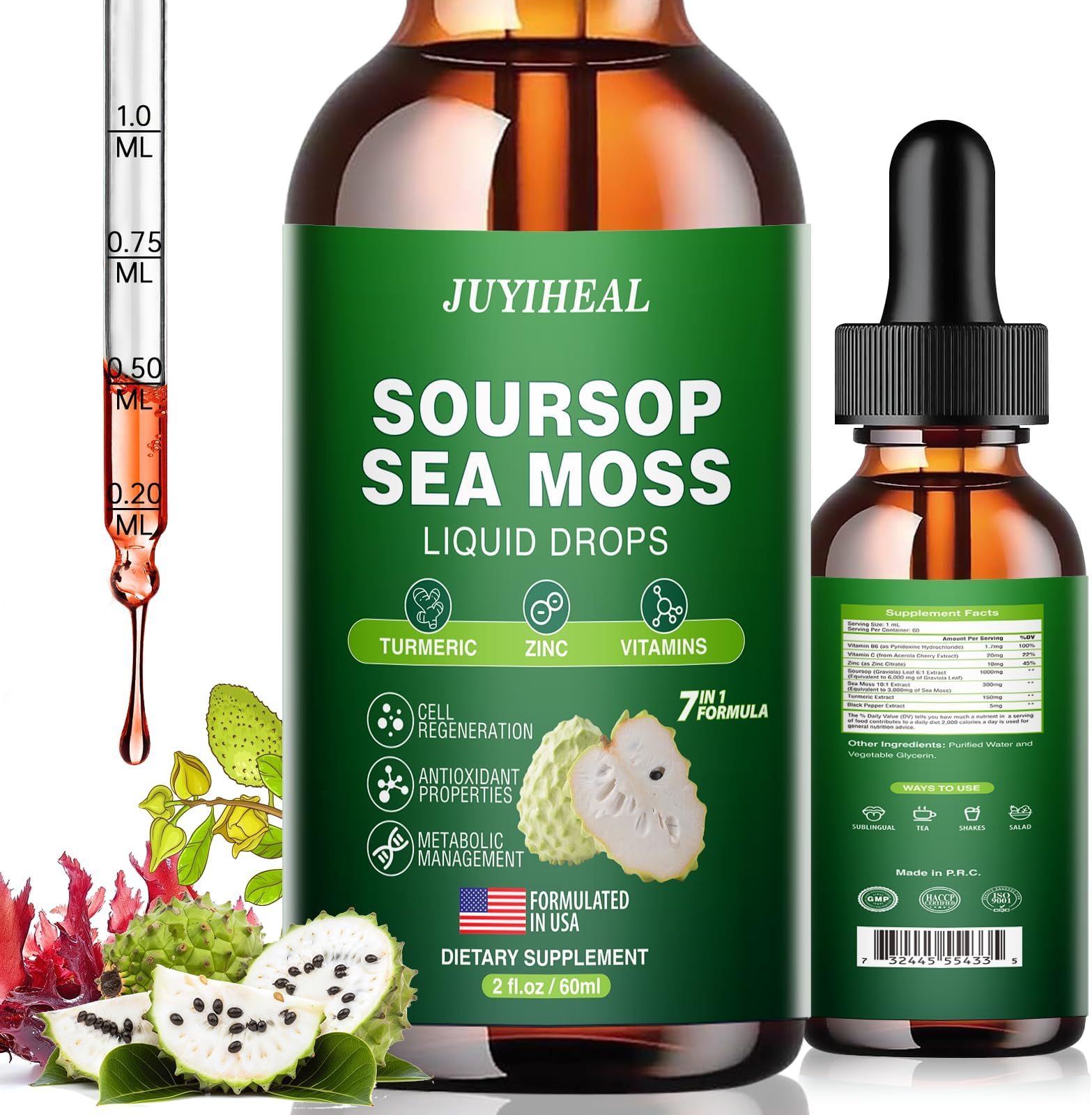 7-in-1 Soursop Graviola with Sea Moss Liquid Drops, Soursop Bitters Liquid Rich in Multivitamin for Digestive Antioxidant, Immune Boost, Cell Support & Regeneration, 2 Fl Oz