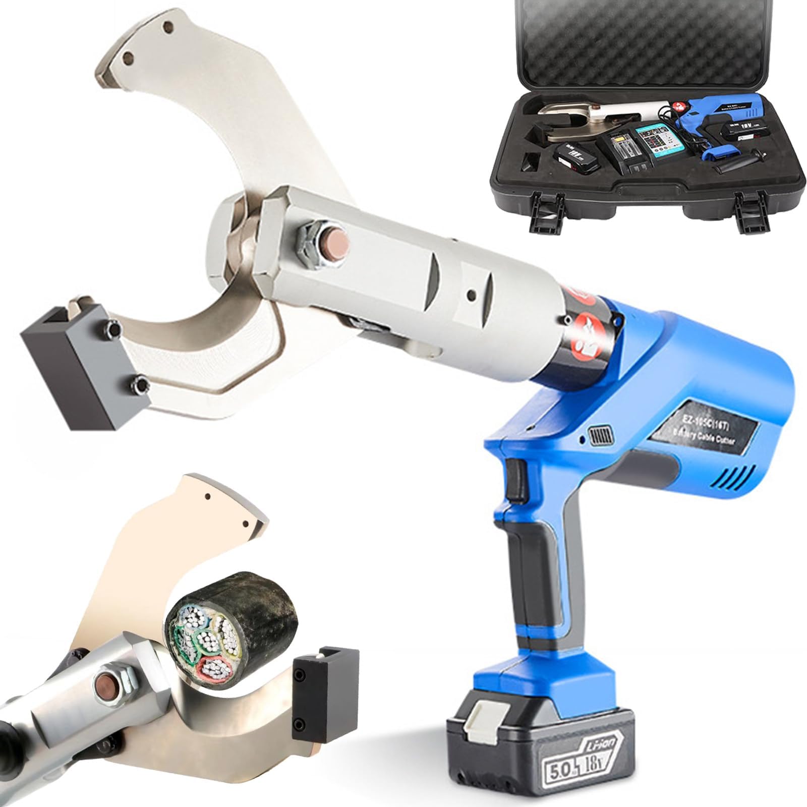 Tagliacavi a batteria idraulica, tagliacavi elettrico senza fili, 18 V, con display LED, per cavi in rame/alluminio/ACSR 30-135 mm, forza 250 KN