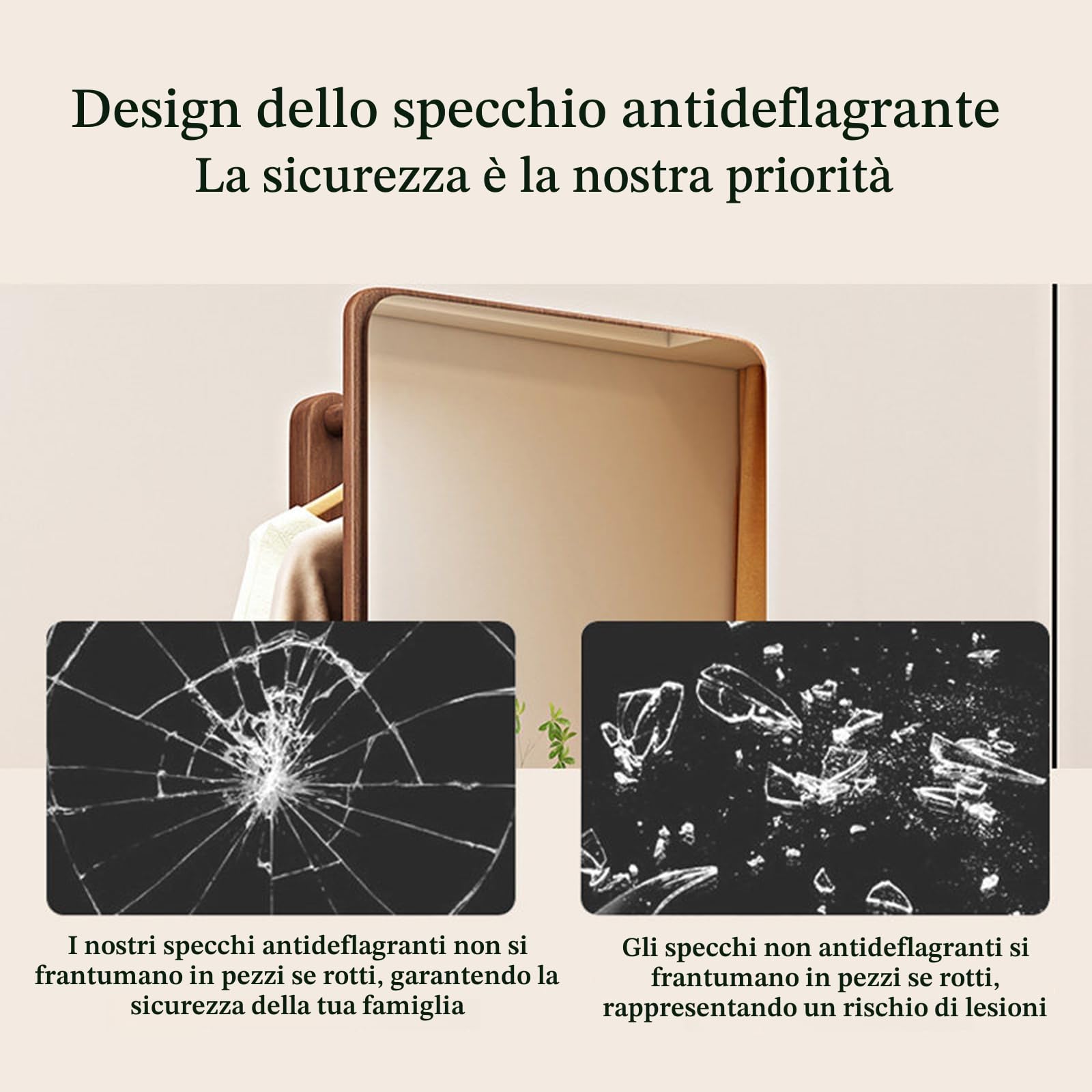 Specchio a figura intera, Specchio da pavimento in legno girevole a 360°, Appendiabiti con Specchi, Specchios lungo da terra per soggiorno, camera da letto e appartamento