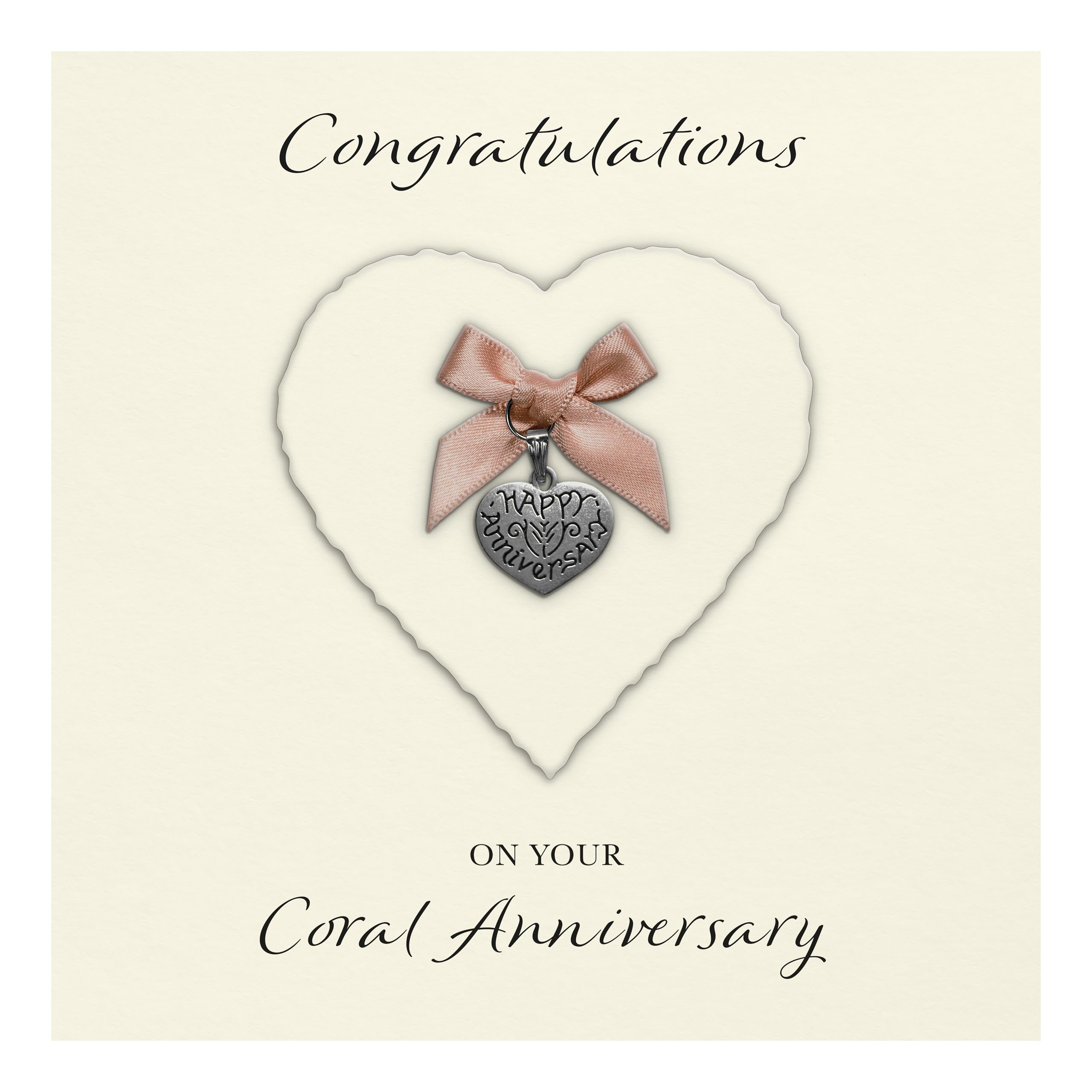 Coral 35th Anniversary Card "Heart Charm & Bow" - Handmade UK (Ivory Heart/Coral Bow, Ivory Cardstock) โ image 1