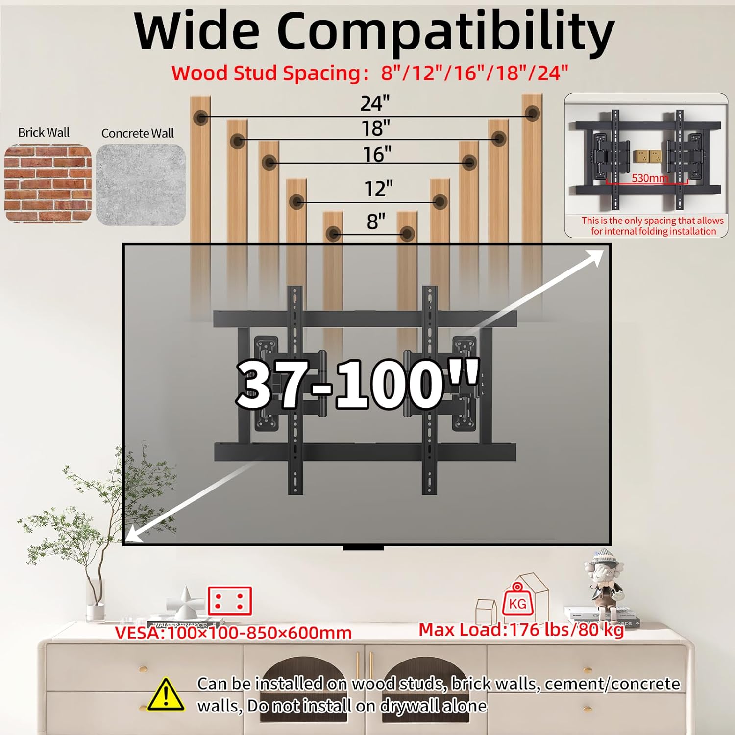 75 77 85 inch Corner TV Wall Mount，Full Motion TV Wall Mount Bracket for 37-100" TVs，Heavy Duty up to176 lbs,Tool-Free Tilt, Swivel, Extension, Leveling,MAX VESA 850x600