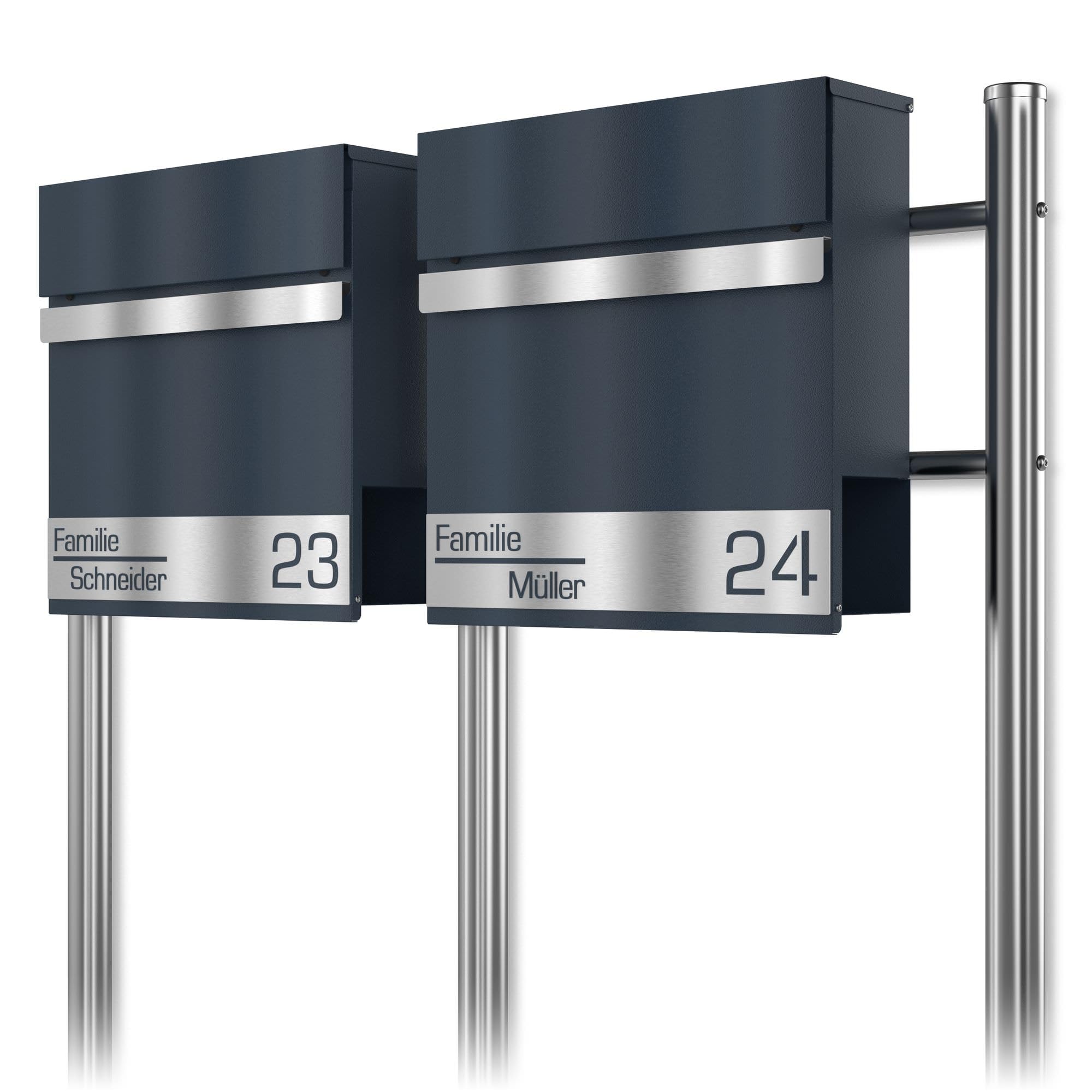 Buzón Doble en Antracita RAL 7016 con Soporte - Buzón Personalizado Placa de identificación en Acero Inoxidable Grabado láser - Compartimento para periódicos