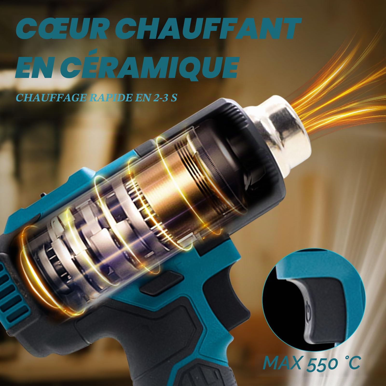 Pistolet thermique sans fil compatible avec batterie Makita 18 V, max 550 °C, chauffage rapide en 2 à 3 s, avec 5 buses pour tube rétractable, film vinyle, artisanat, électronique (sans batterie)