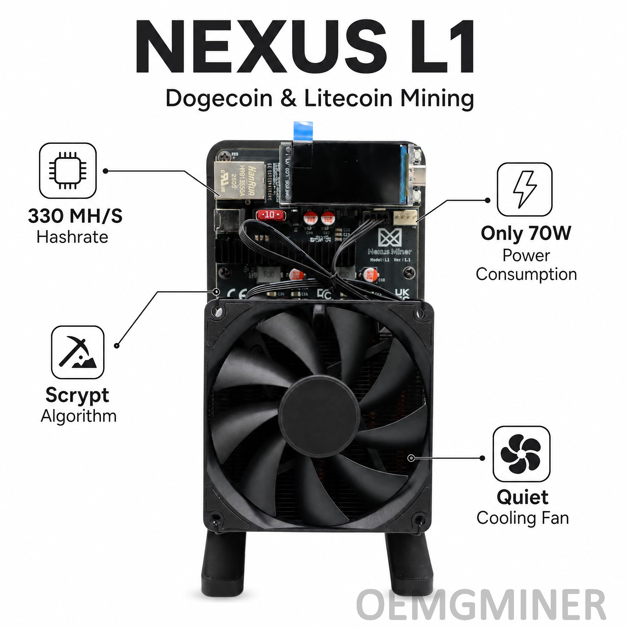 New Nexus L1 ASIC Miner 330 MH/s 70W Niedriger Stromverbrauch, Kompatibel mit Dogecoin & Litecoin, Leiser Lüfter, Integriertes WiFi - Krypto Mining Gerät für Zuhause & Büro