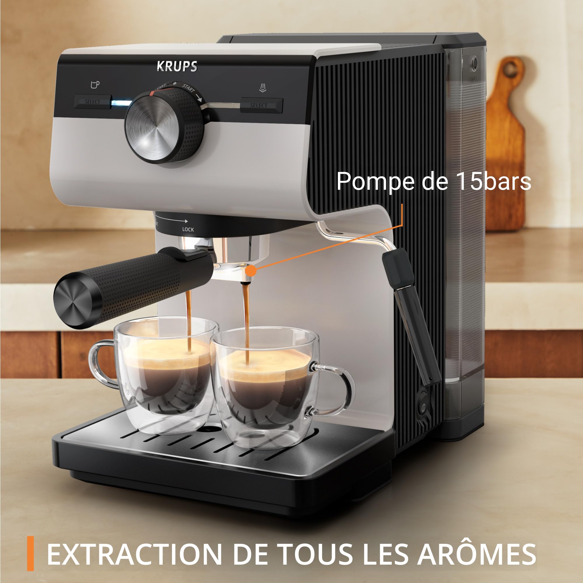 KRUPS Machine espresso manuelle, Qualité Barista, Espresso et Cappuccinos, Buse vapeur, Rangement des filtres inclus, Gris clair, Authentic, XP381B10