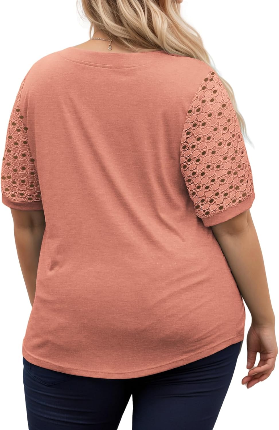 VISLILY Plus-Size-Womens-Summer-Tops Cute Henley V Neck T Shirts Dressy Lace Short Sleeve Blouse Trendy Casual Pleated Tunics - Image 4