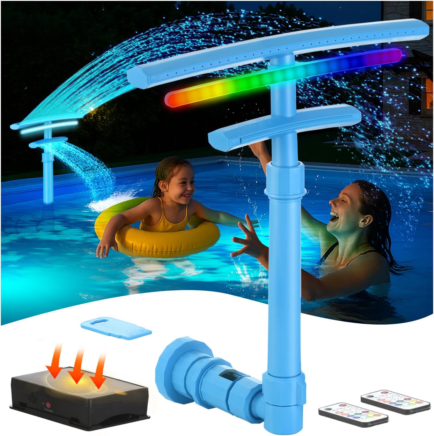 Pool Fountain for Above and Inground Pools, Pool Sprinkler Fountain with 9 Color LED Lights and 5 Modes, 360° Adjustable Dual Spray Pool Waterfall Pool Cooler Pool Accessories Pool Decor, Blue