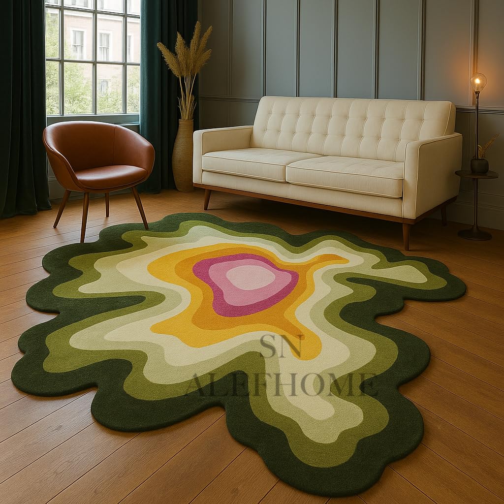 Premium Hand-Tufted Wool Rug – Irregular Organic Shape with Optical Illusion Design | Modern Accent Carpet for Living Room & Bedroom(Green3' x 3')