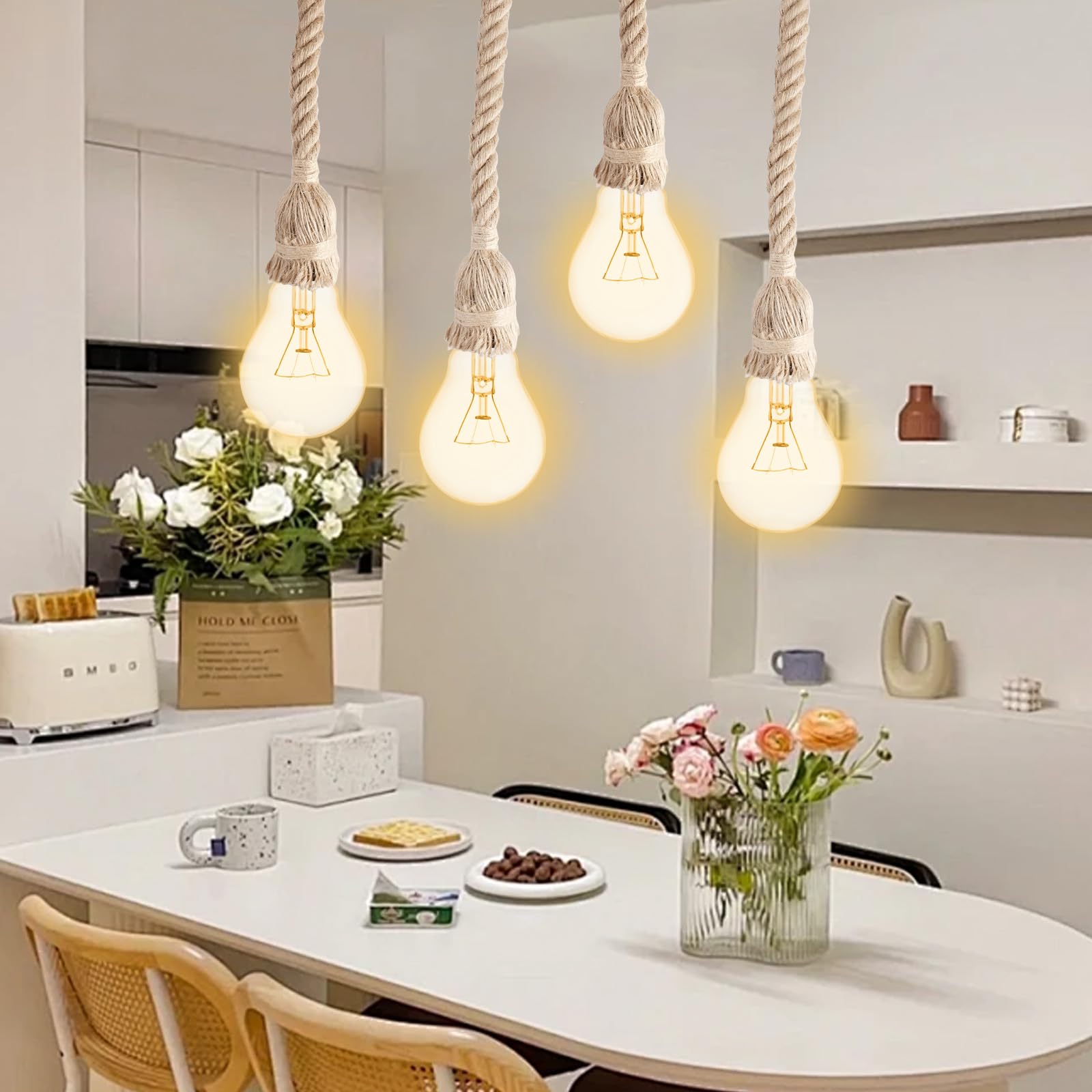 4 pezzi Portalampada E27 con cavo, Lampada a sospensione in stile retrò con corda di canapa e cavo da 100 cm, Kit di lampada a sospensione in corda di canapa per cucina, caffè, bar, magazzino