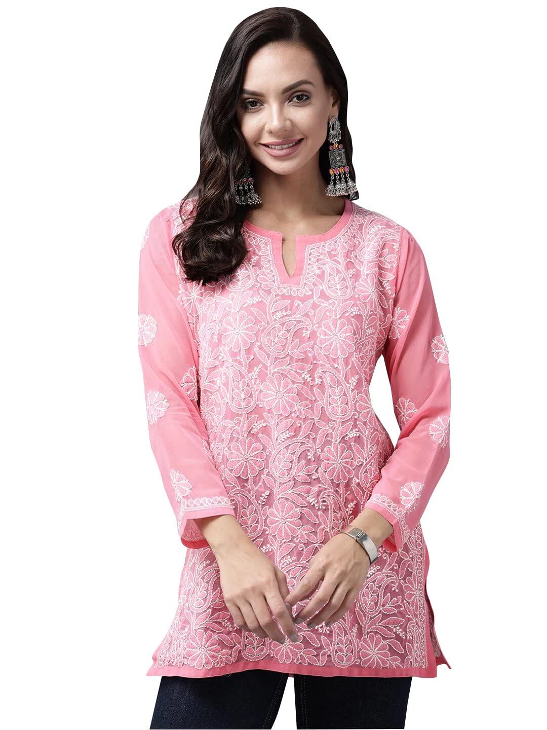 Indian Hand Embroidered Traditional Chikankari Georgette Top Tunic Shirt Kurti for Women A911230