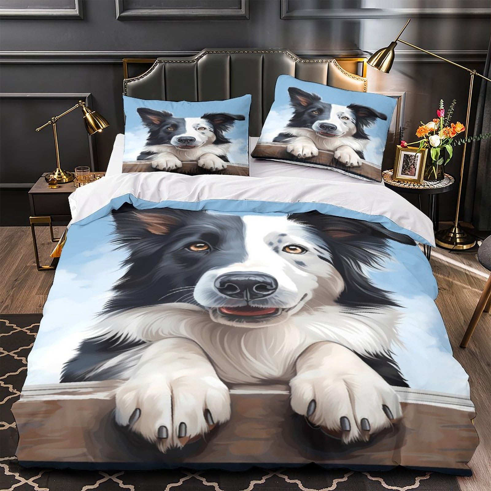 Housse de couette Border Collie hypoallergénique pour lit double ado