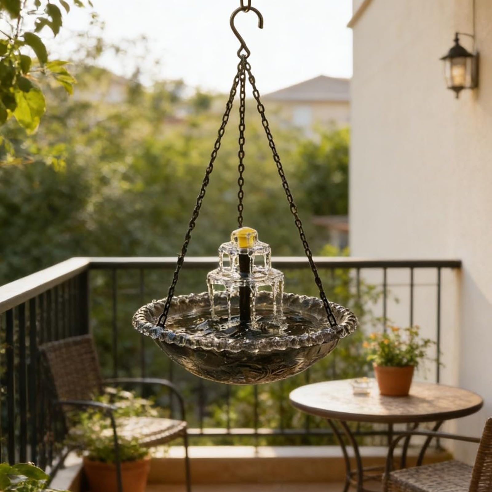 Vasca per uccelli a fontana solare da esterno con mangiatoia sospesa, vivace fontana da giardino, facile da installare (blu)
