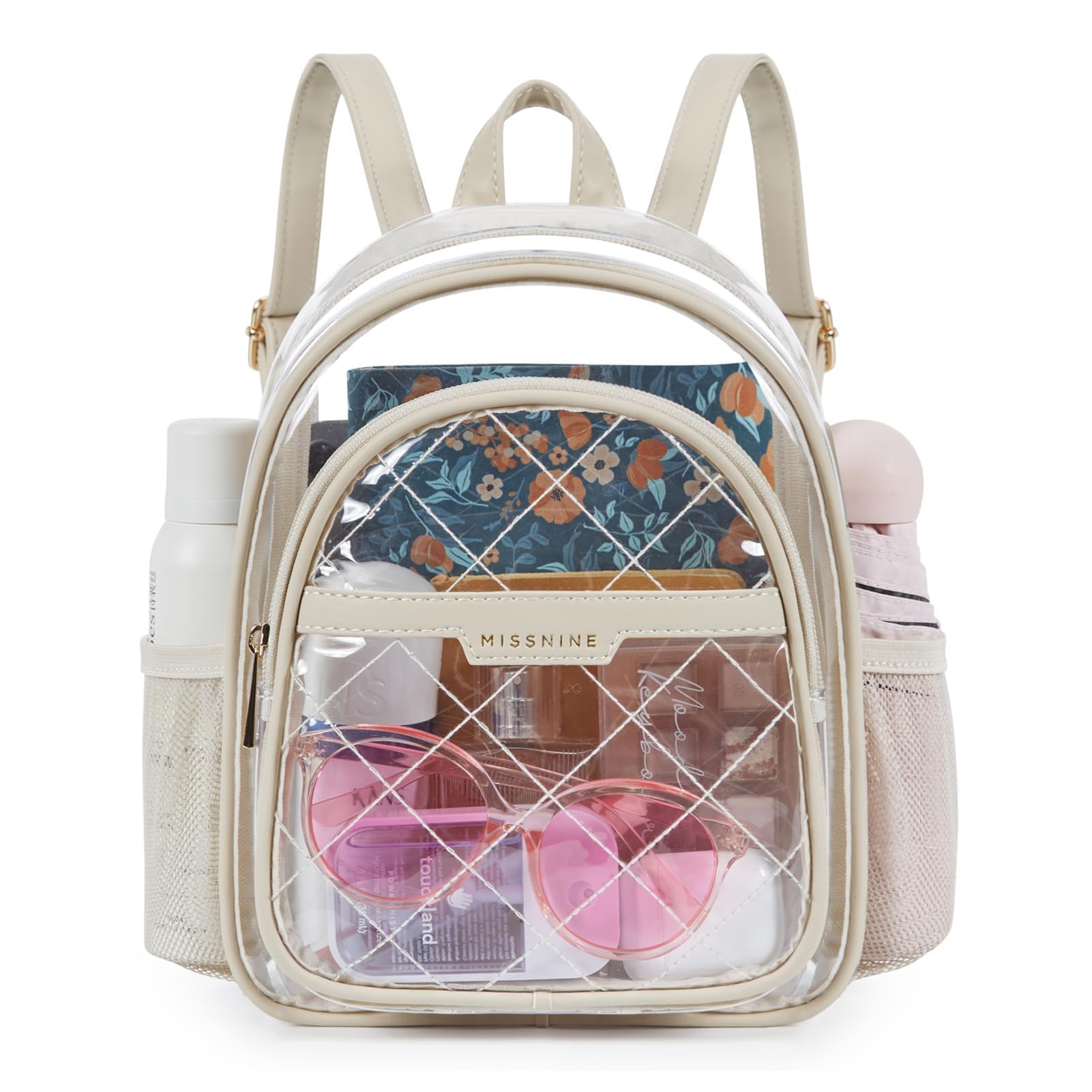 Missnine Clear Backpack for Stadium Approved, Quilted Clear Bag for Stadium Events with Leather Trim for Sports Event, Concert, Festival, Daily