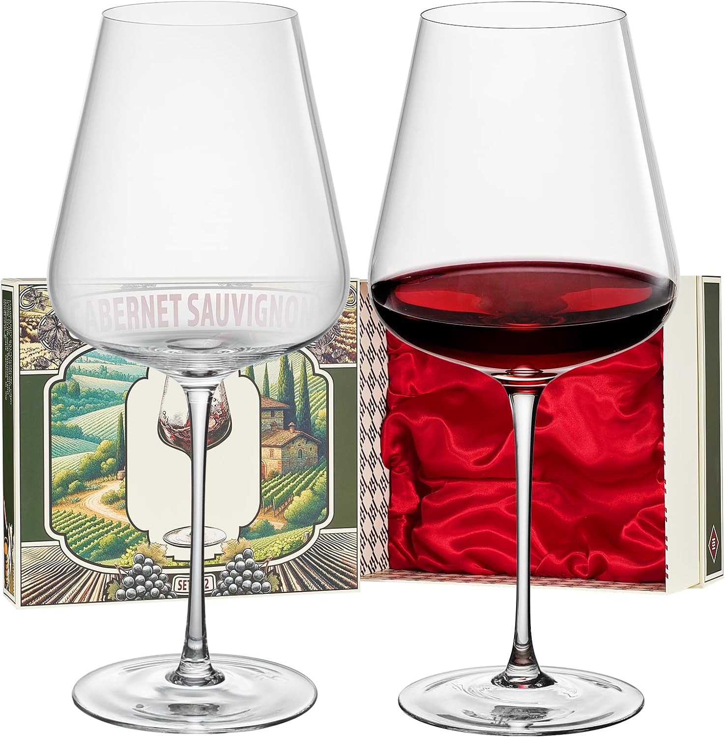 Khen Cabernet Sauvignon Explained Crystal Wine Glasses Hand Blown Italian Style | Set of 2 | Large 25oz Cabernets Definition Red Wine, Gift Box Explanation Packaging