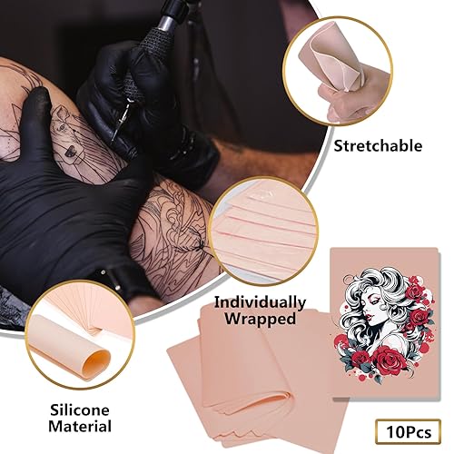 Miniatura 3 de LEEYUKA - Piel de práctica de tatuaje con papel de transferencia, 30 piezas de piel falsa para tatuajes y plantillas de tatuajes, incluye 10 piezas