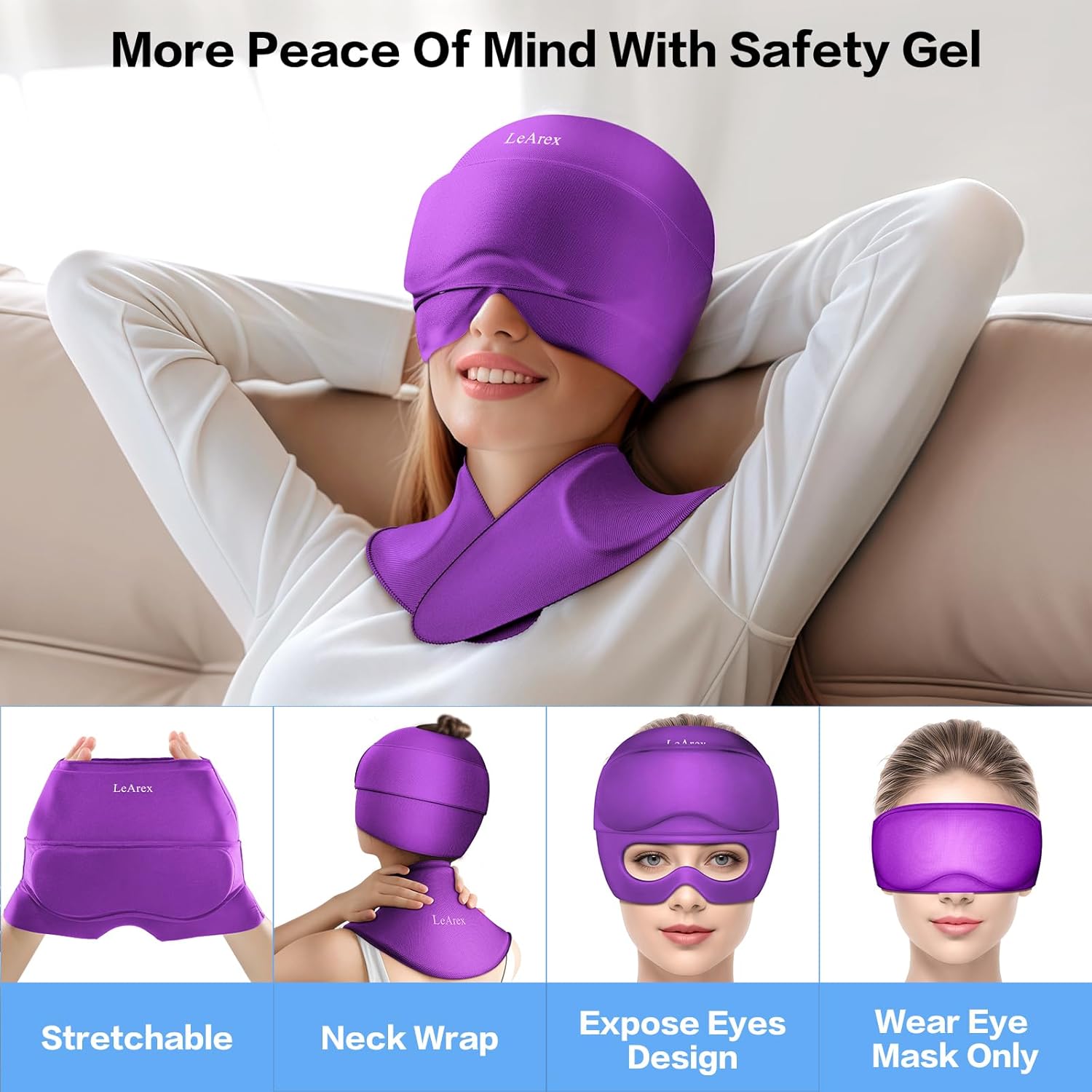 3 in 1 Migraine Relief Cap Neck Ice Pack Wrap Gel and Ice Eye Masks, Detachable Ice Caps with Eyes Masks, Hot and Cold Therapy for Relief of Headaches, Stiff Neck and Eye Fatigue (Purple) - Image 3