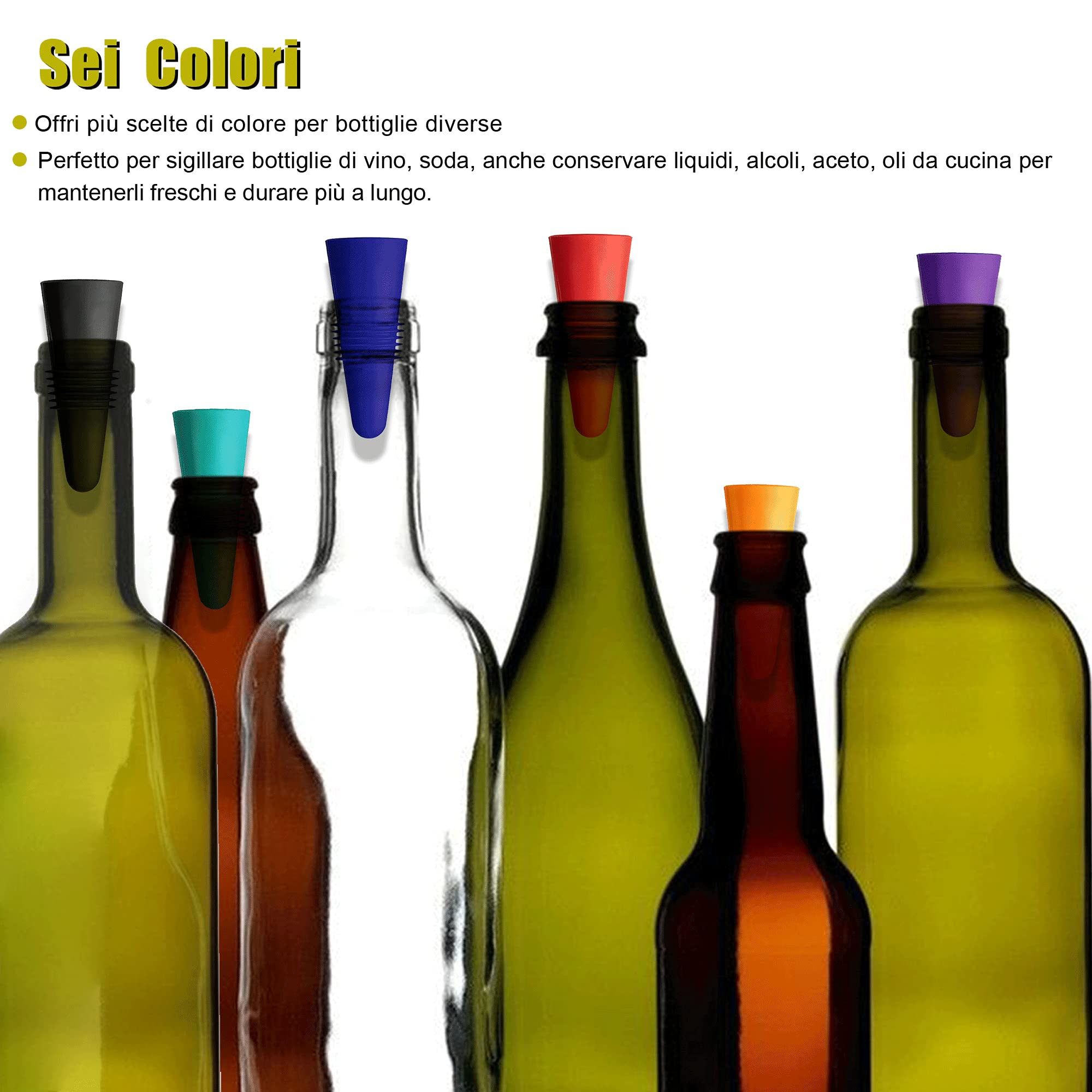 6 Tappi Per Bottiglie In Silicone Alimentare Colorati - Riutilizzabili Per Vino, Champagne, Birra - 3