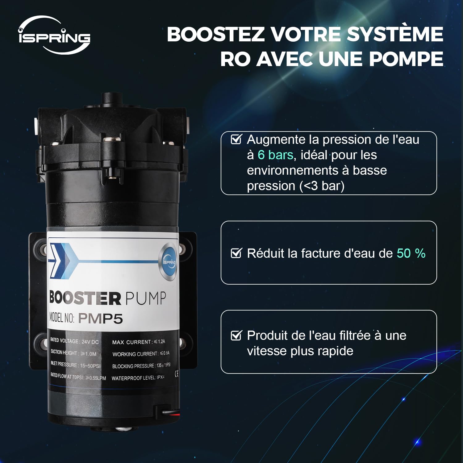 iSpring RCC7P-AK Système Osmose Inverse 6 Étapes Filtre Alcalin pH+ | 75 GPD Haute Capacité, Réduction TDS, Système sous Évier, Pompe de Pression Incluse