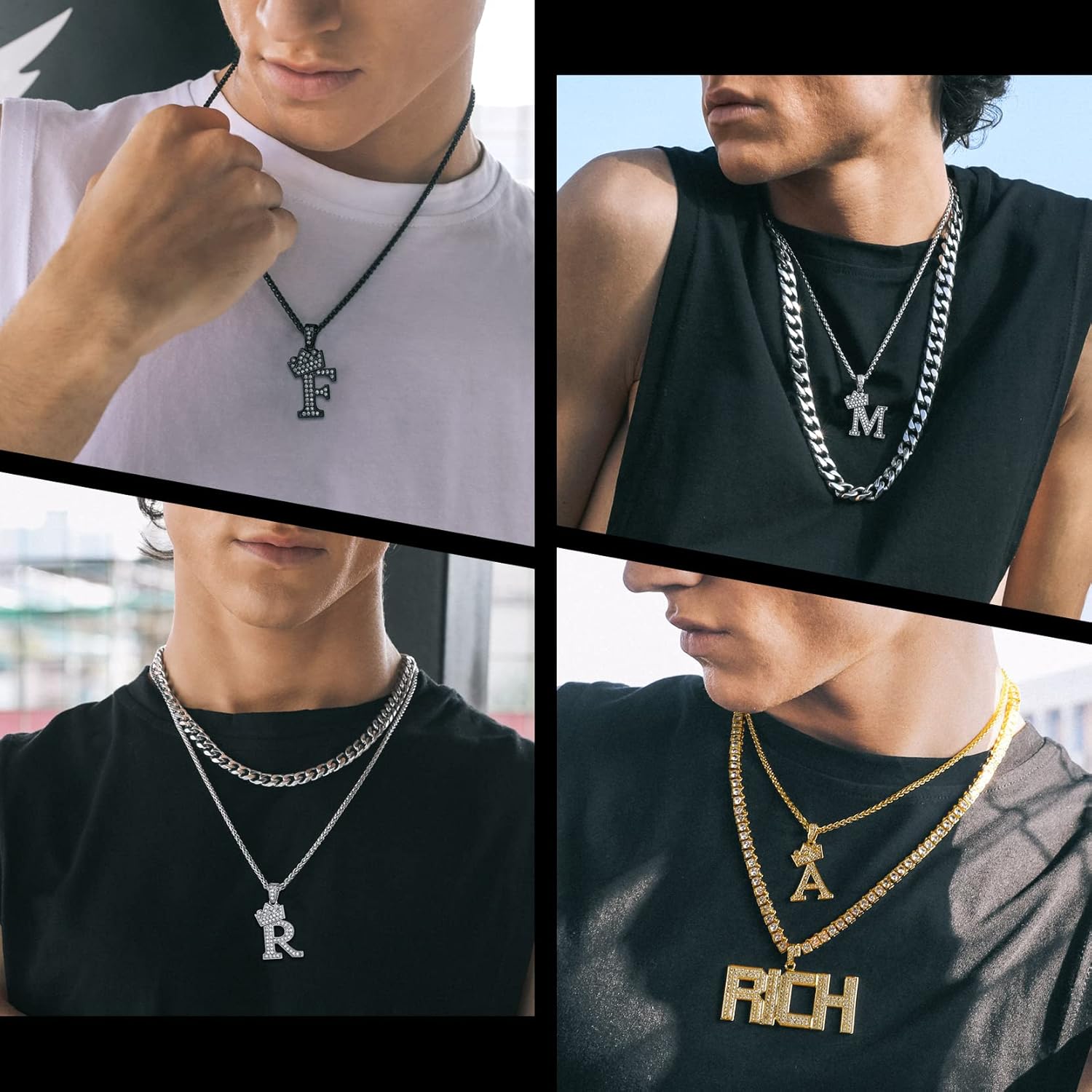 Richsteel Mens Womens Crown Initial Letter A-Z Pendant Necklace, Full Cubic Zirconia, Old School Hip Hop Style, 18K Gold/Silver/Black, Resizable 22"-24" Wheat Chain 4 71kd0DjpetL. AC SL1500
