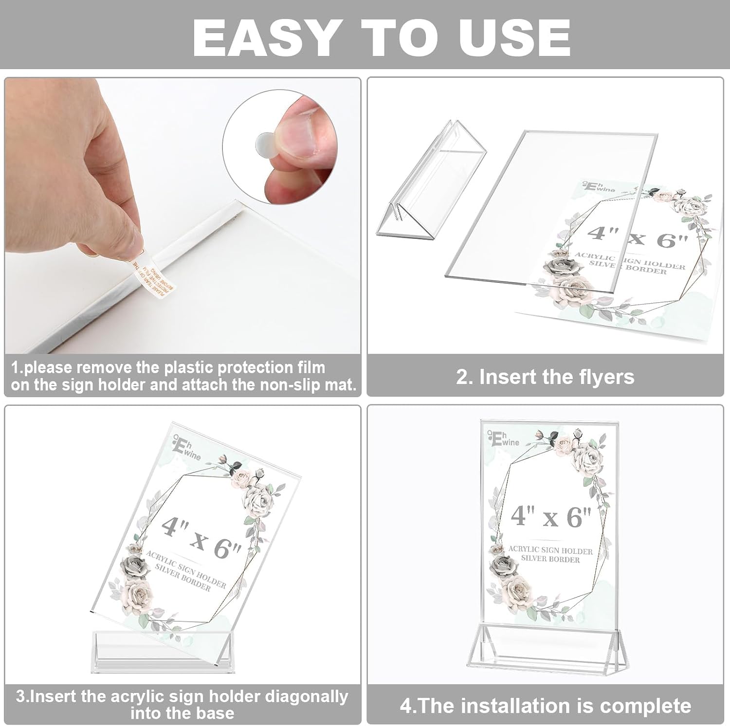 EHWINE 6 Pack Acrylic Sign Holder 4 x 6, Double Sided Silver Picture Frame Stand up Table Top Sign Holders, Clear Display Stand Menu Flyer Holder for Wedding Party (Provide Non-slip Mats) image 5