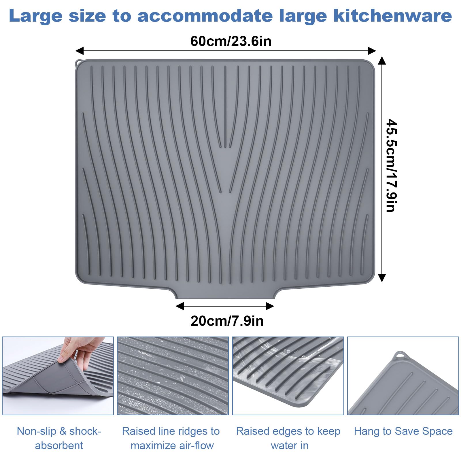 Silikon-Abtropfmatte mit Ablauflippe, 60 x 45 cm, rutschfeste Silikon-Abtropfmatte für Küchentheke, hitzebeständig, schnell trocknend, selbstentleerend, Abtropfmatte, Brett, Grau