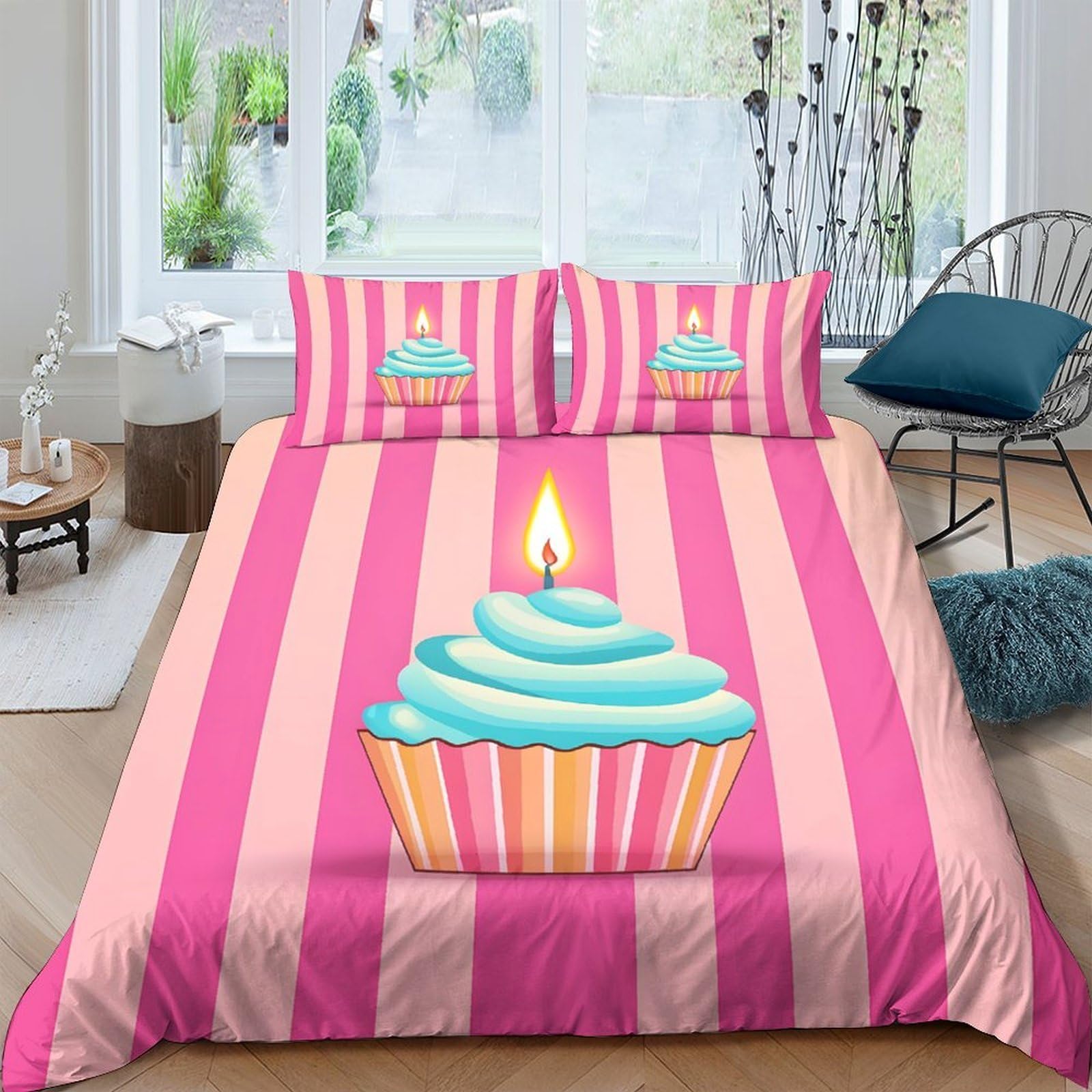 GPLZQXKJNH 3D Printed Birthday Cupcake Duvet Cover Microfiber Soft Pink Striped Bedding Set with 2 Pillowcases for Bedroom Decor Single（135x200cm）