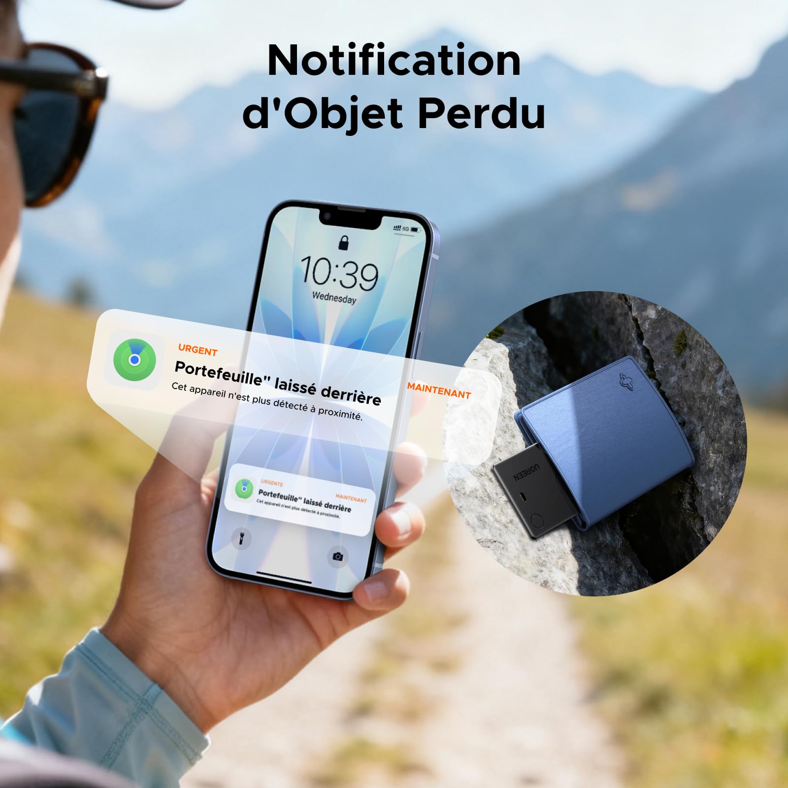 UGREEN FineTrack Slim Traceur Recharge sans Fil Finder Tag Traqueur Bluetooth Compatible avec Apple Find My (iOS Uniquement) Localisateur Objet Étanche IP68 pour Portefeuille Valise